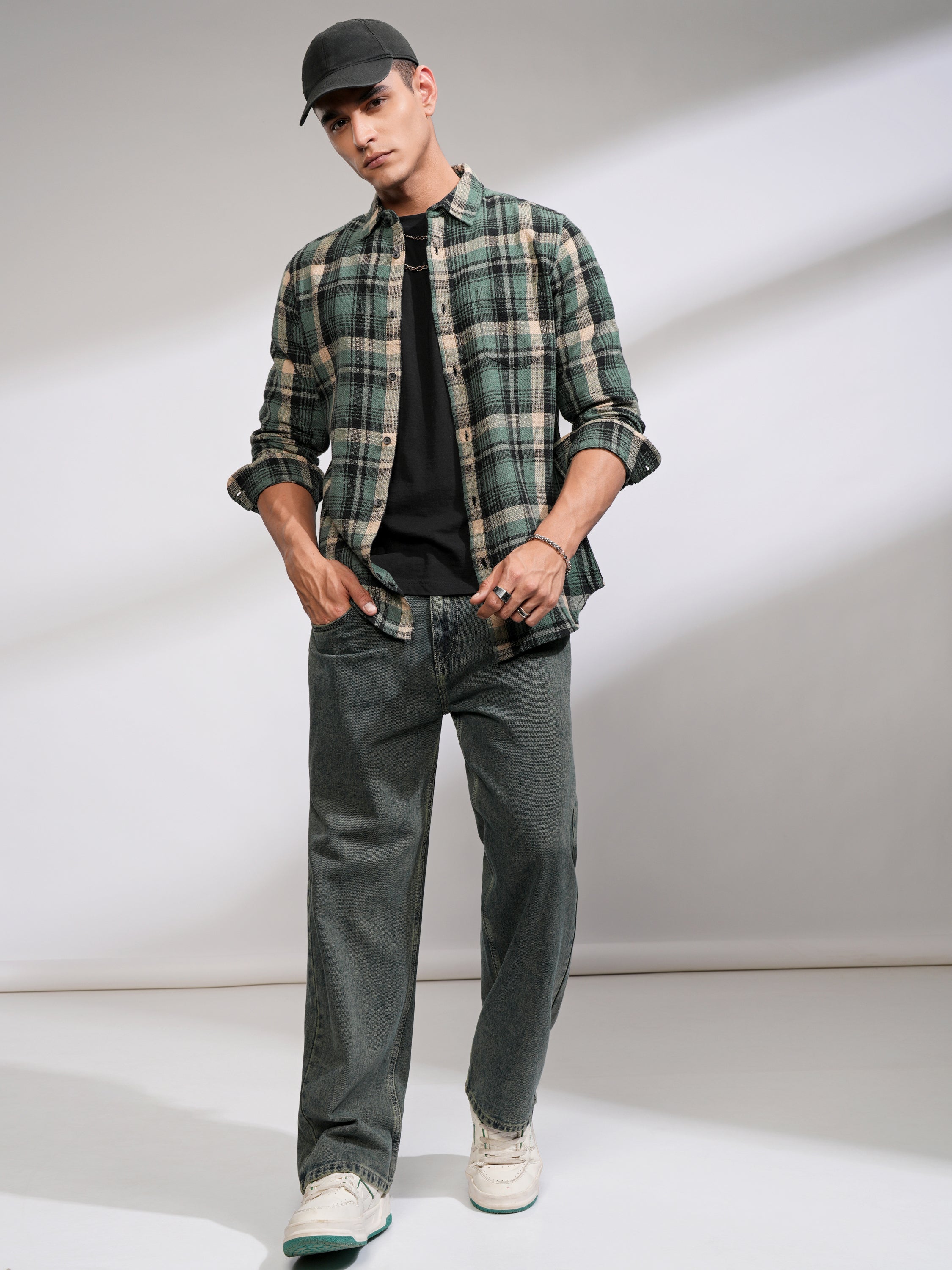 Highlander Men Sea Green Checked Slim Fit Casual Shirt - Green - Image 2