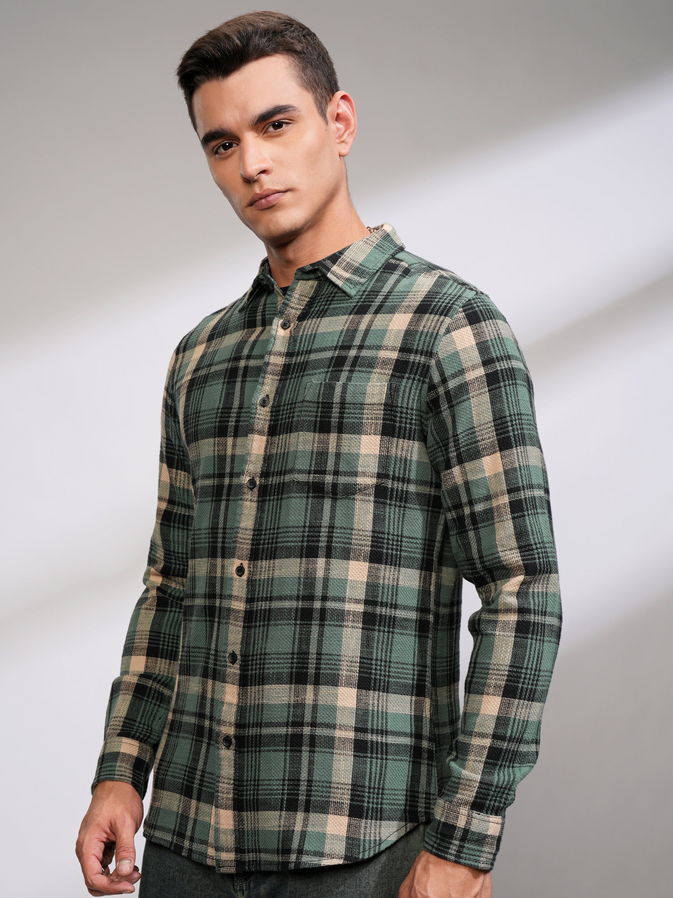 Highlander Men Sea Green Checked Slim Fit Casual Shirt - Green - Image 4