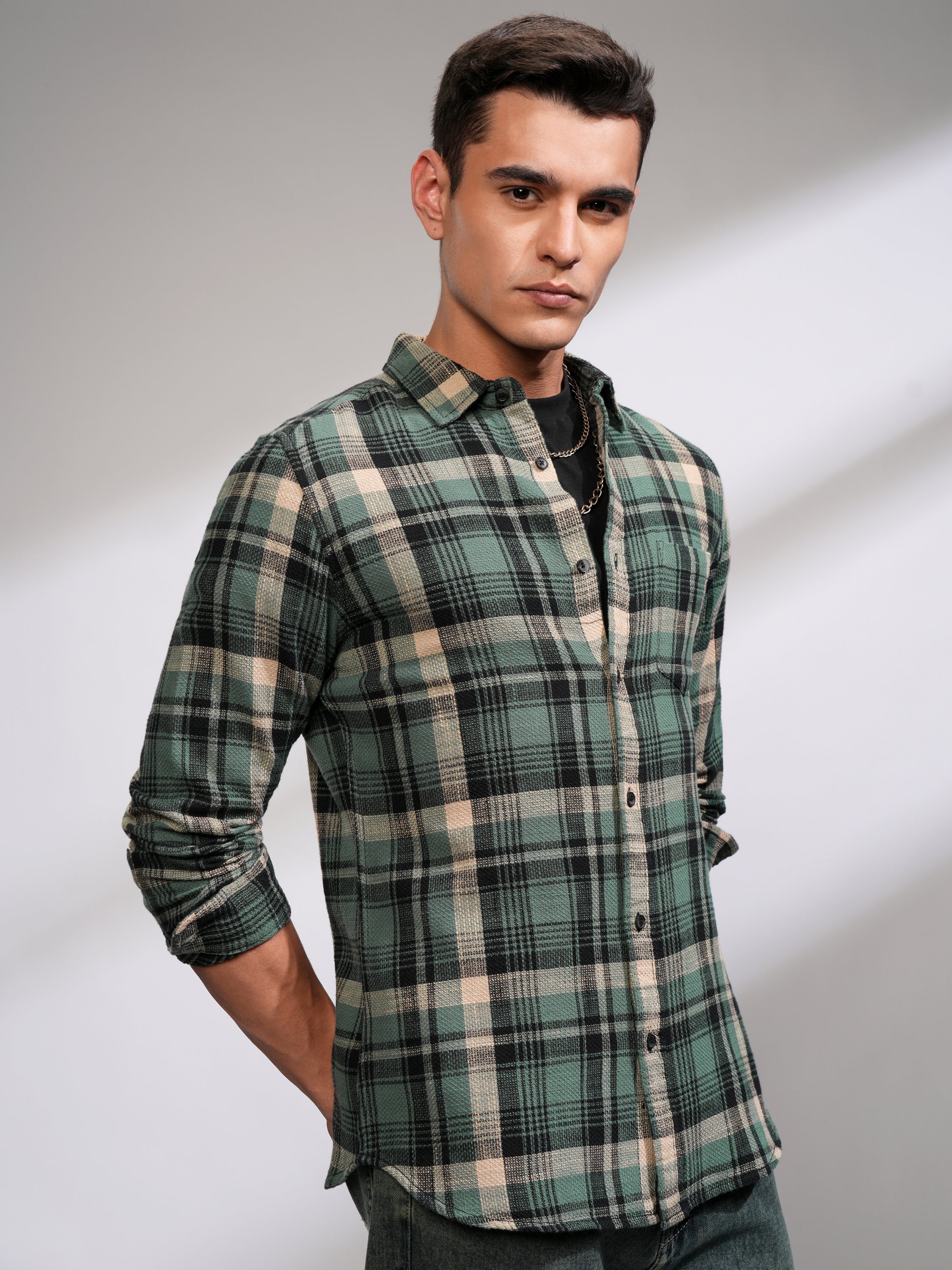 Highlander Men Sea Green Checked Slim Fit Casual Shirt - Green - Image 6