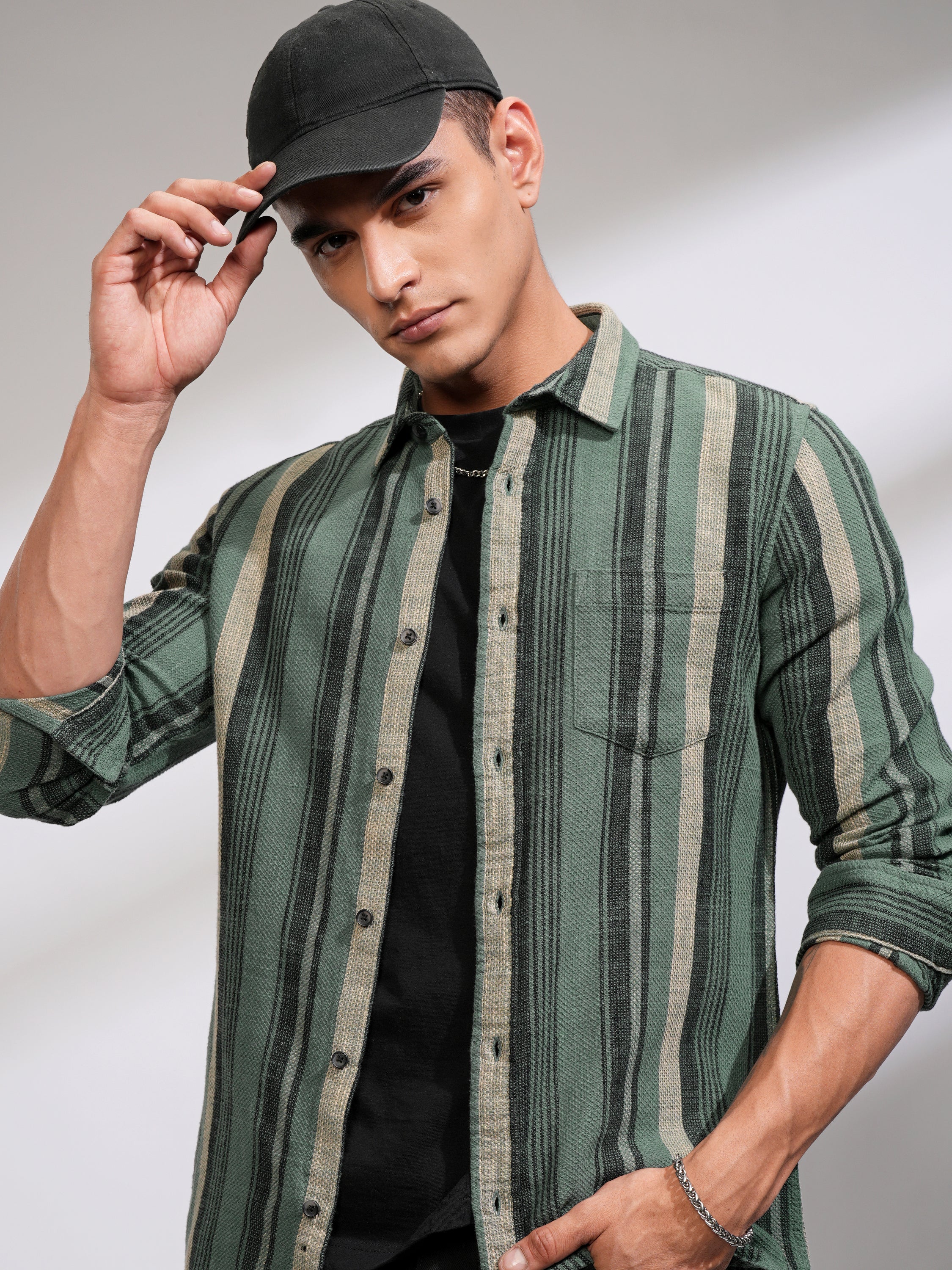 Highlander Men Sea Green Striped Slim Fit Casual Shirt - Green - Image 1