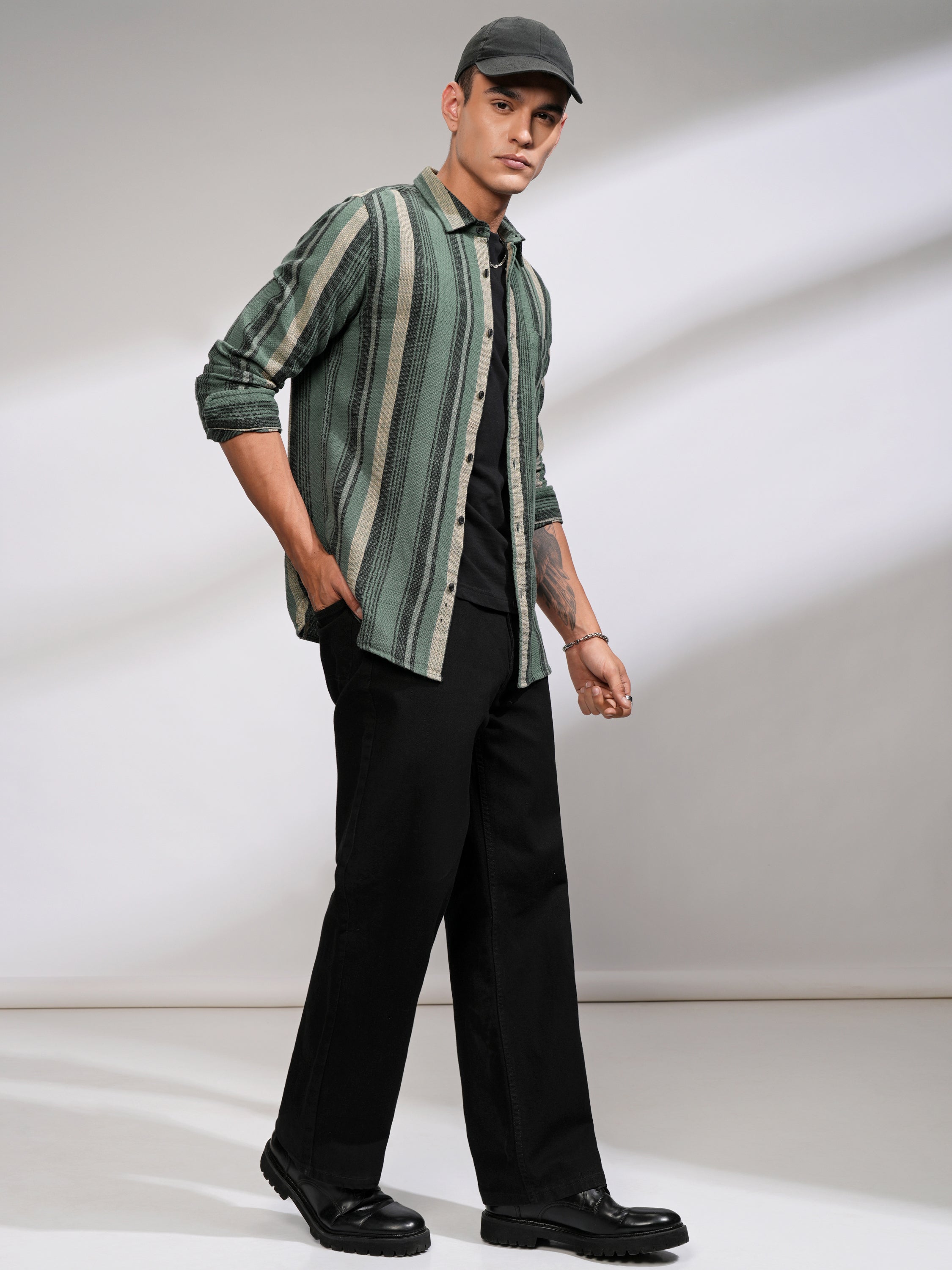 Highlander Men Sea Green Striped Slim Fit Casual Shirt - Green - Image 2