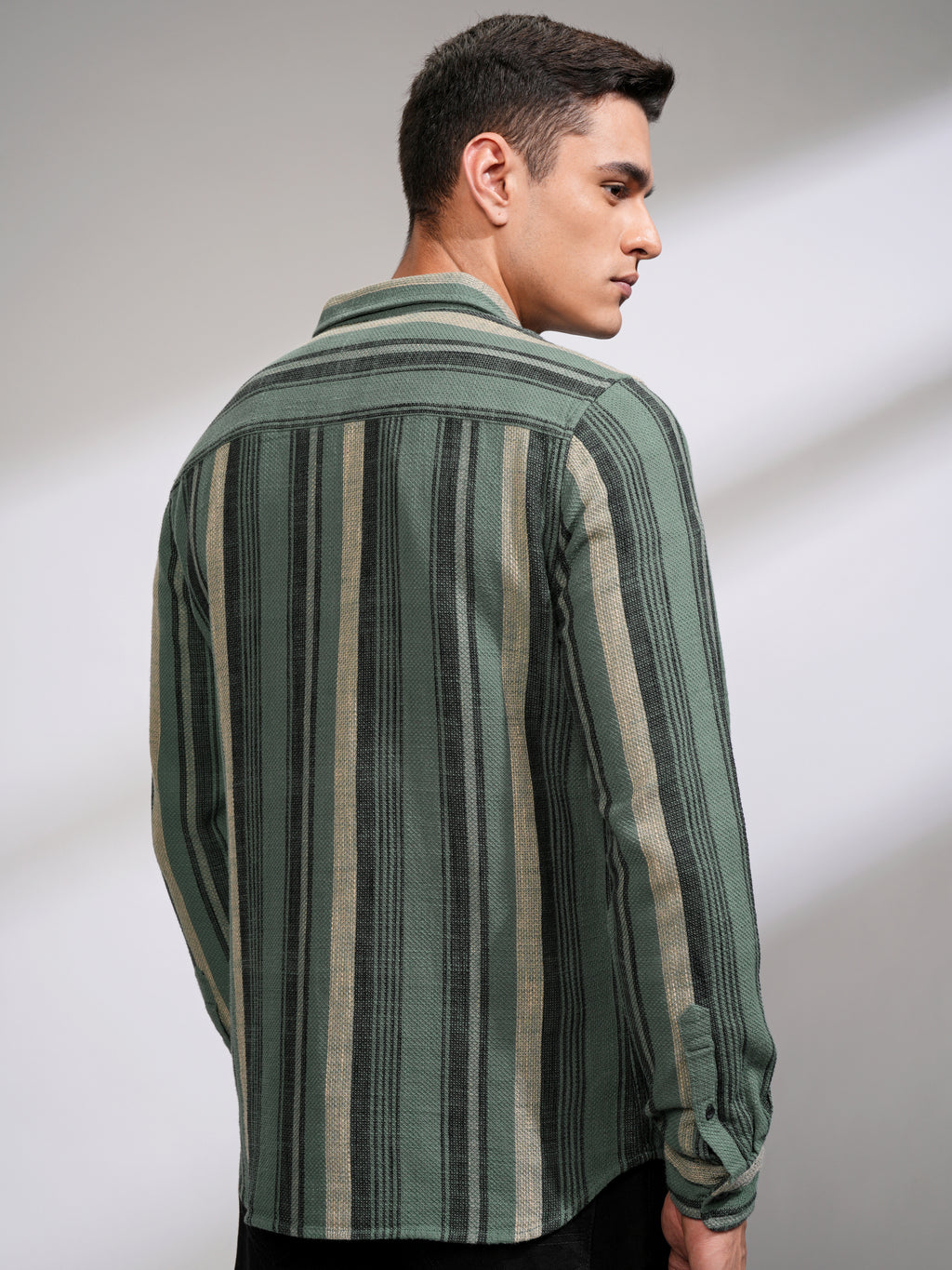 Highlander Men Sea Green Striped Slim Fit Casual Shirt - Green - Image 3