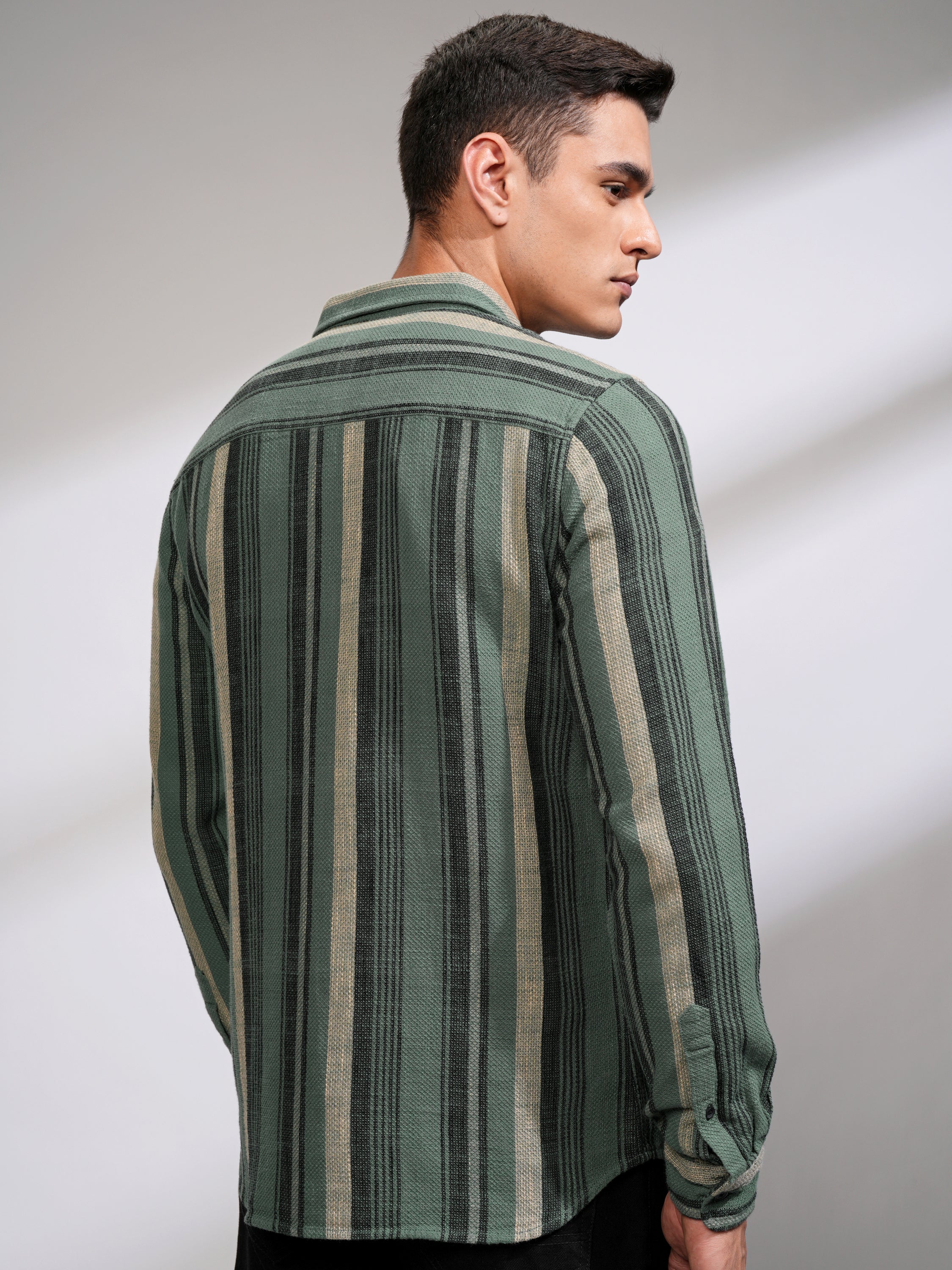 Highlander Men Sea Green Striped Slim Fit Casual Shirt - Green - Image 3