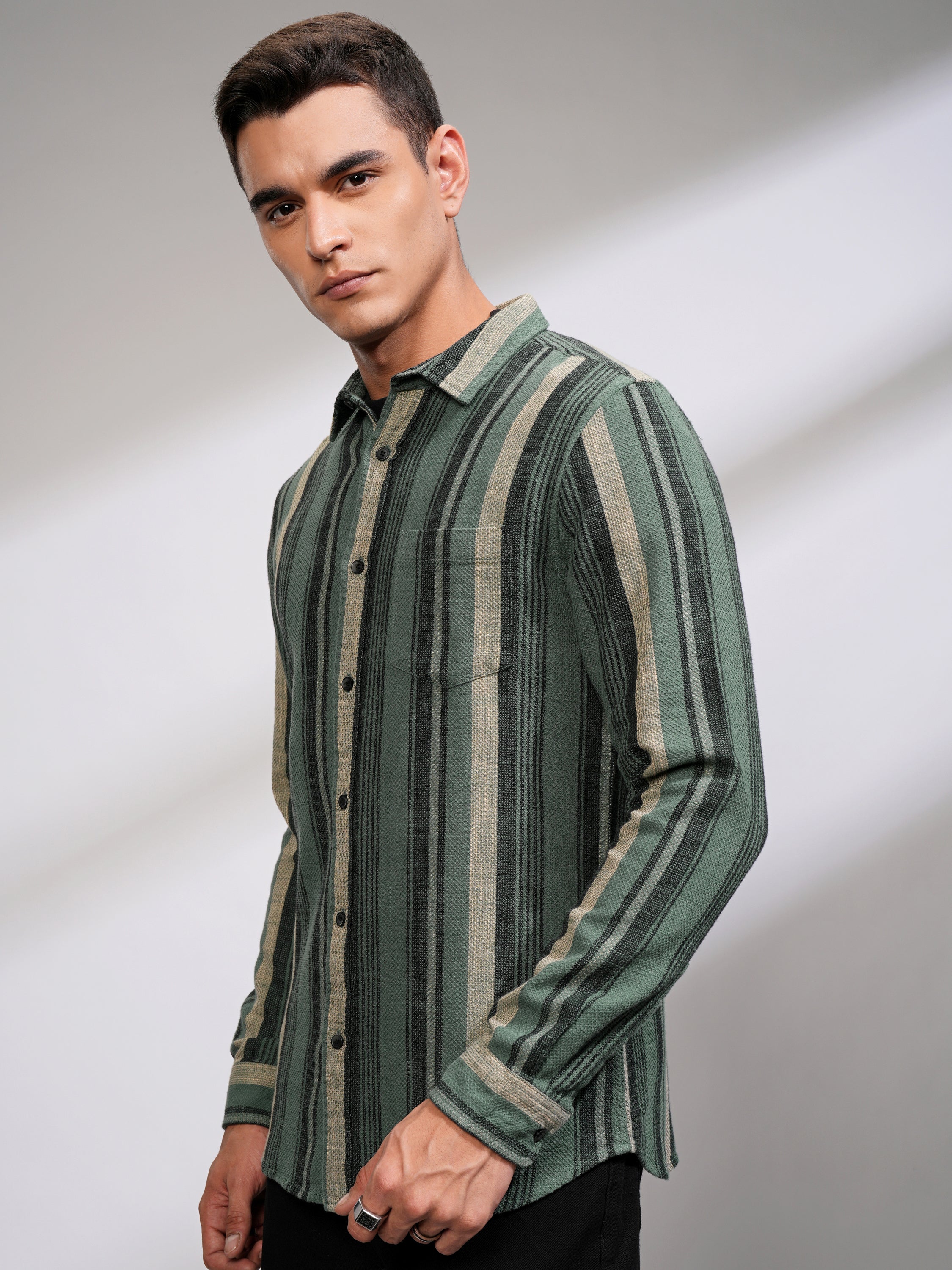 Highlander Men Sea Green Striped Slim Fit Casual Shirt - Green - Image 4