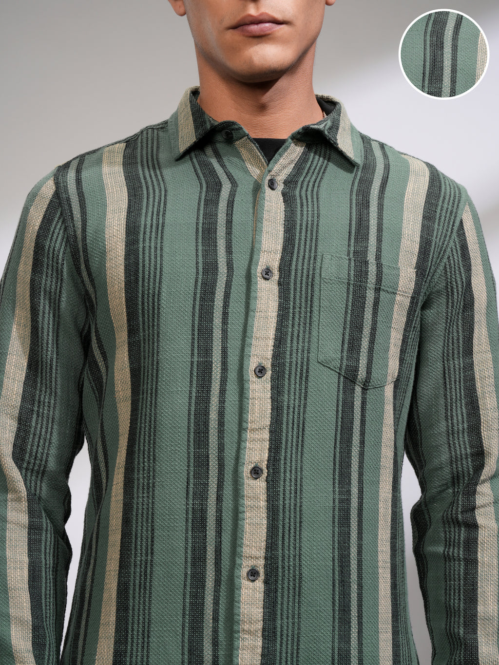 Highlander Men Sea Green Striped Slim Fit Casual Shirt - Green - Image 5