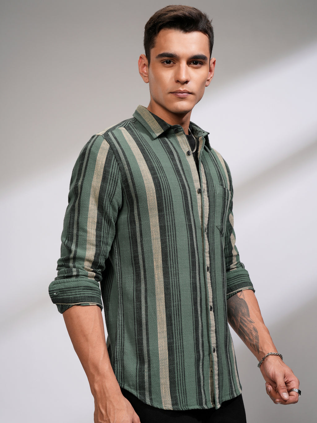 Highlander Men Sea Green Striped Slim Fit Casual Shirt - Green - Image 6