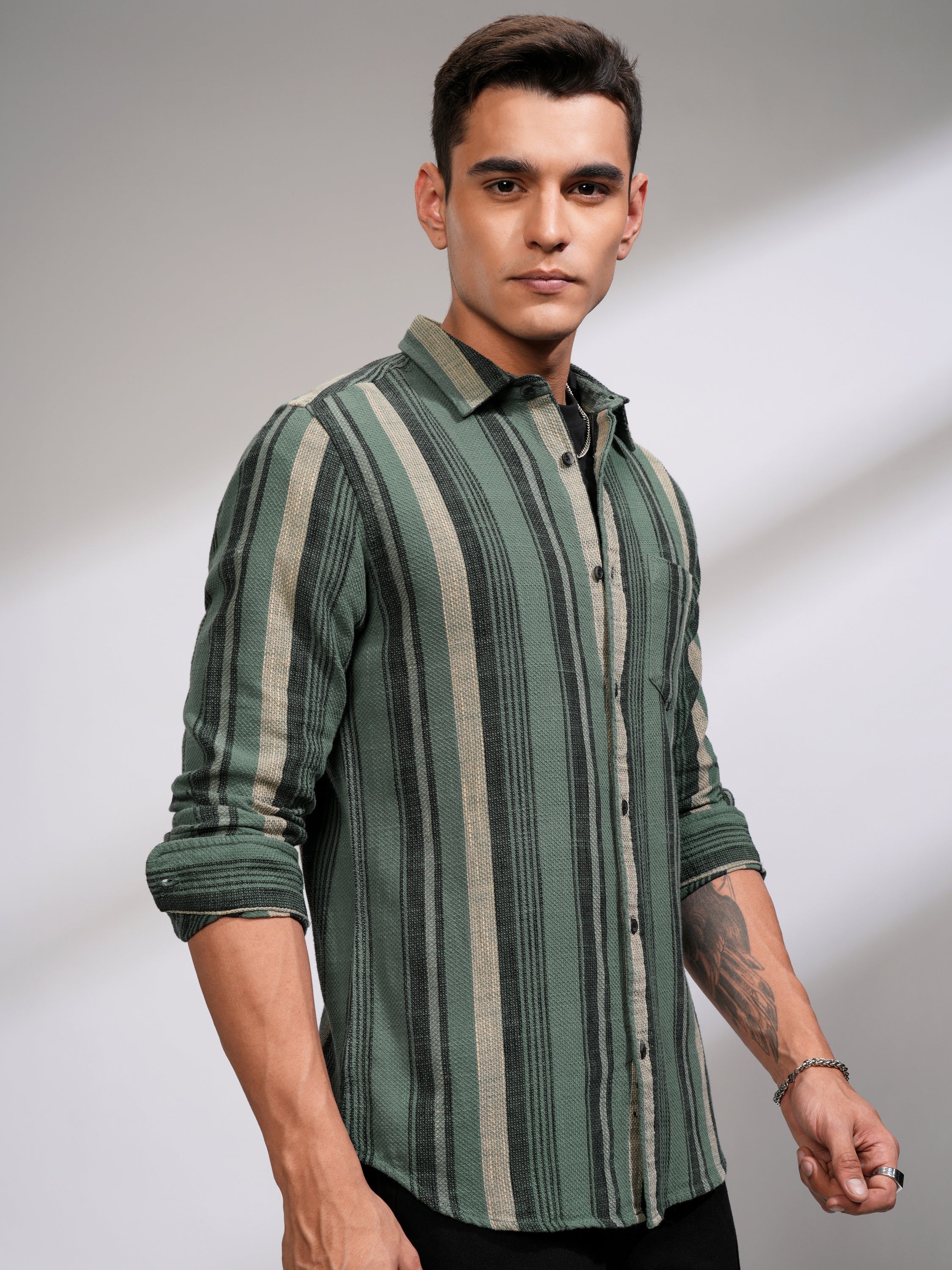 Highlander Men Sea Green Striped Slim Fit Casual Shirt - Green - Image 6