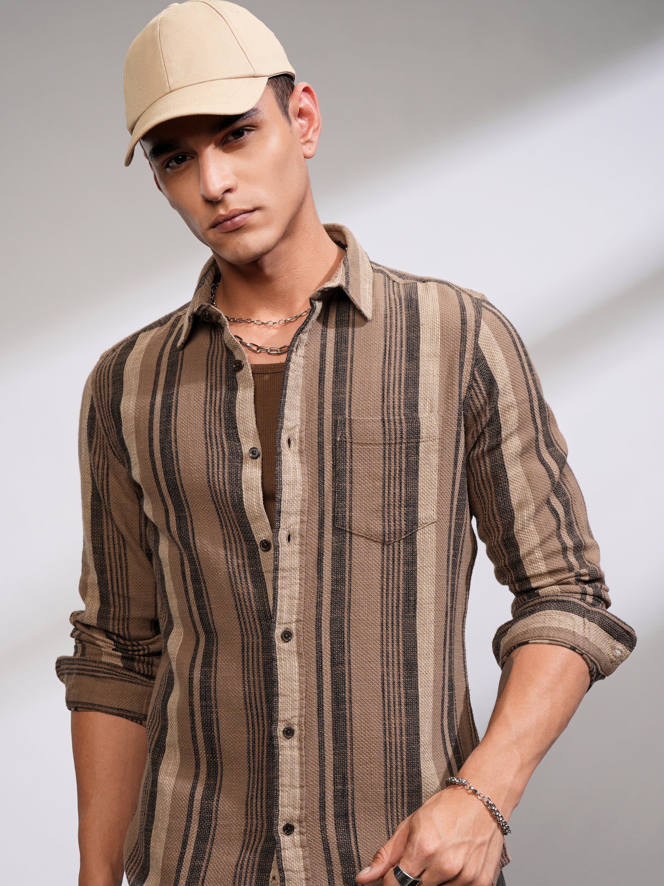 Highlander Men Beige Striped Slim Fit Casual Shirt - Beige - Image 1