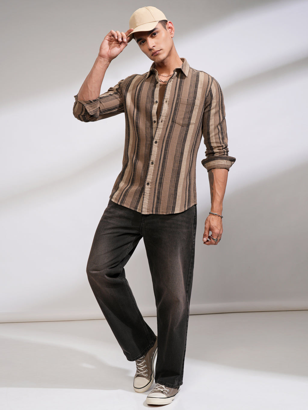 Highlander Men Beige Striped Slim Fit Casual Shirt - Beige - Image 2
