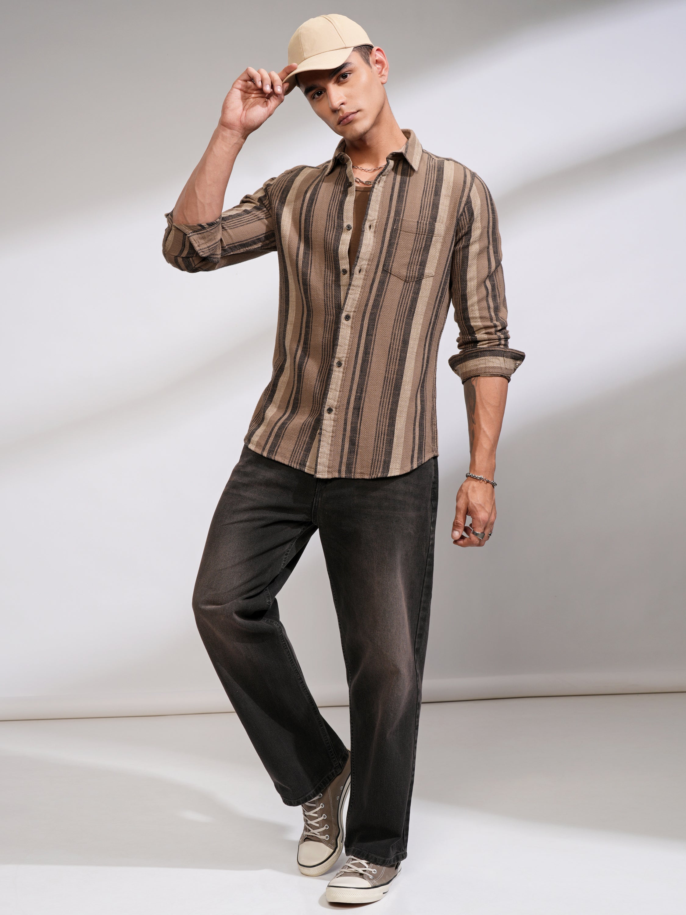 Highlander Men Beige Striped Slim Fit Casual Shirt - Beige - Image 2