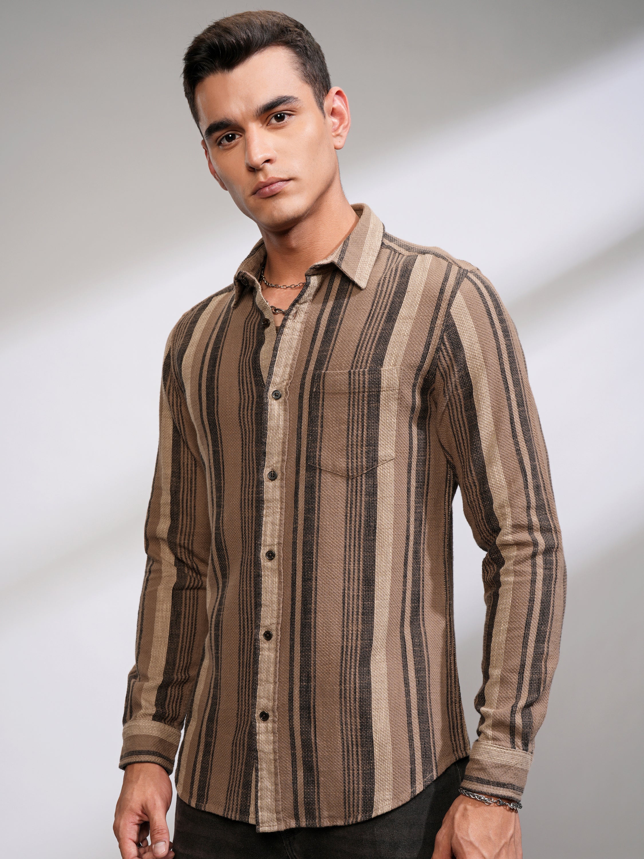 Highlander Men Beige Striped Slim Fit Casual Shirt - Beige - Image 4