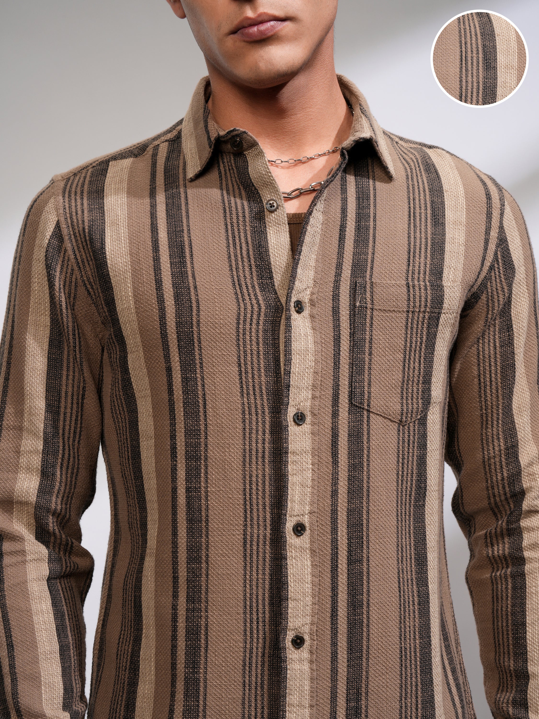 Highlander Men Beige Striped Slim Fit Casual Shirt - Beige - Image 5