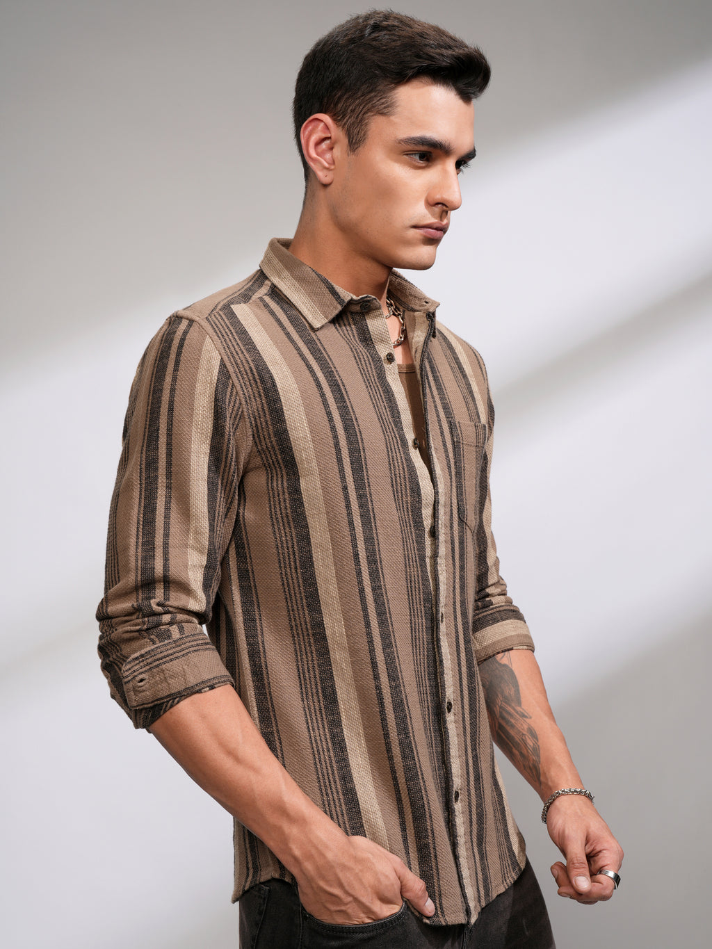 Highlander Men Beige Striped Slim Fit Casual Shirt - Beige - Image 6