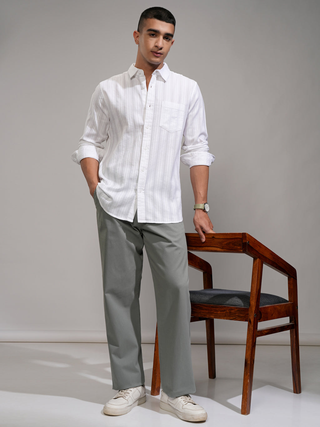 Highlander Men White Striped Slim Fit Casual Shirt - White - Image 2