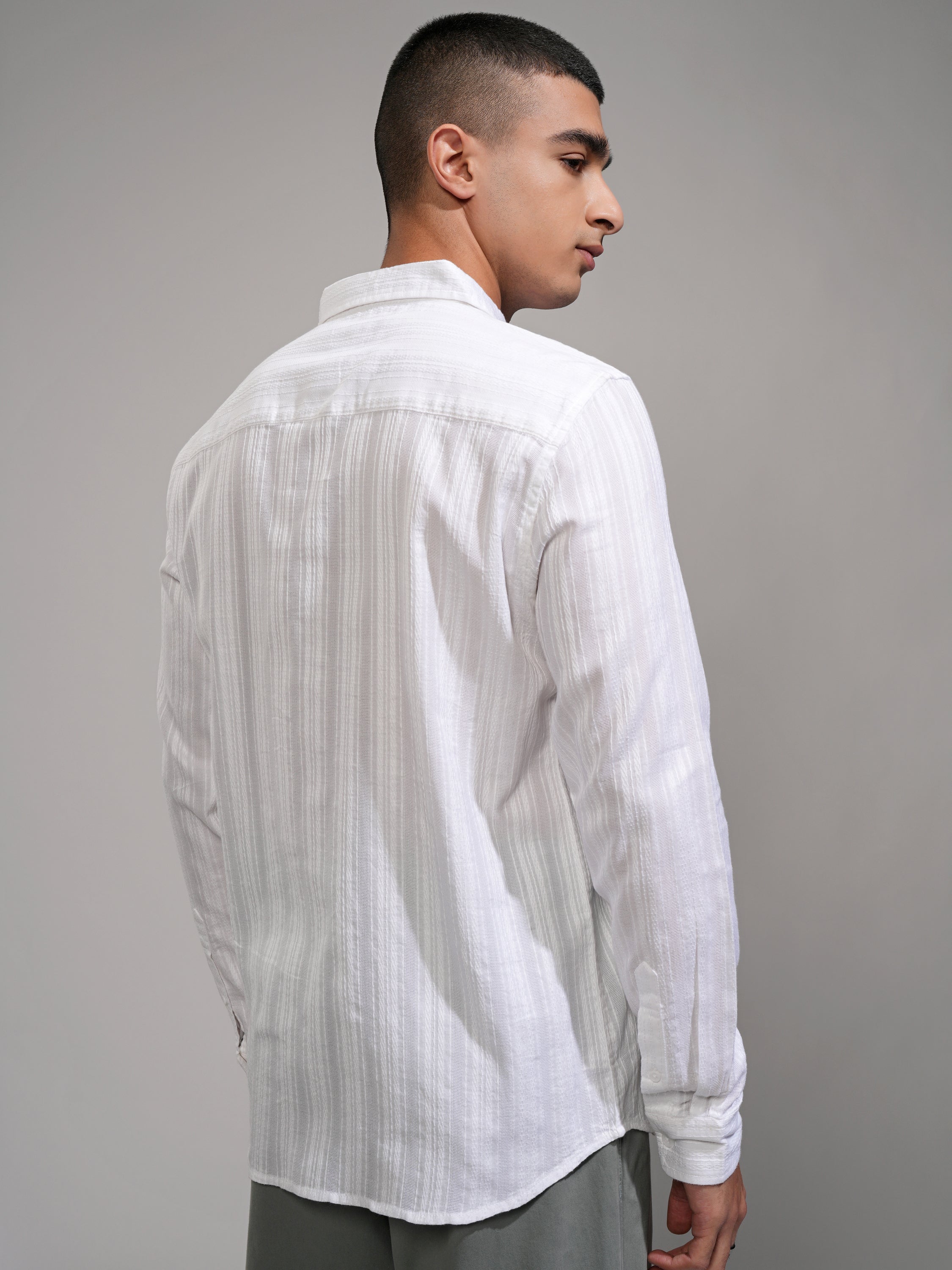 Highlander Men White Striped Slim Fit Casual Shirt - White - Image 3