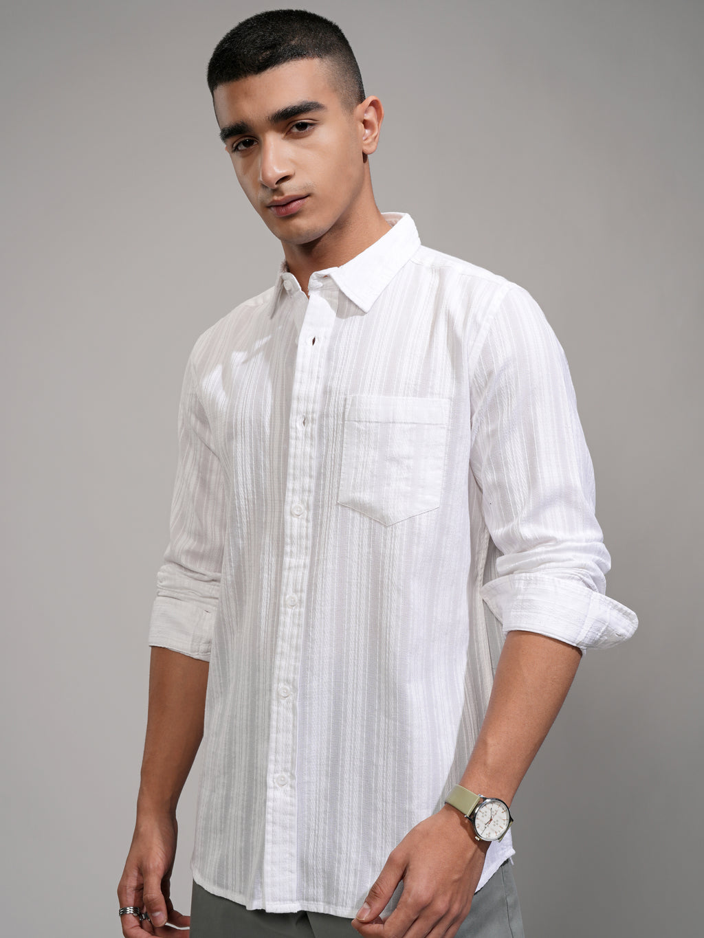 Highlander Men White Striped Slim Fit Casual Shirt - White - Image 4