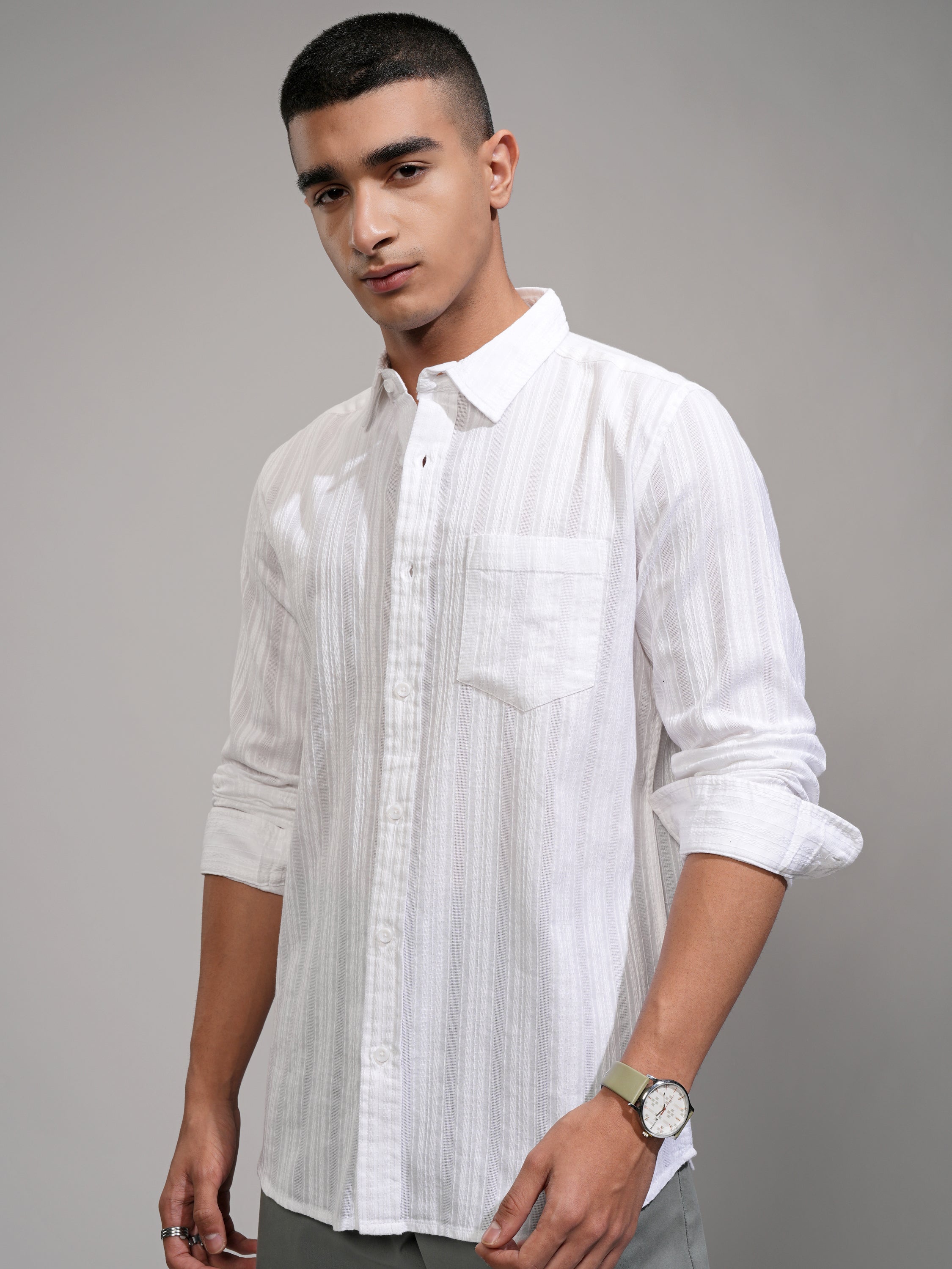 Highlander Men White Striped Slim Fit Casual Shirt - White - Image 4