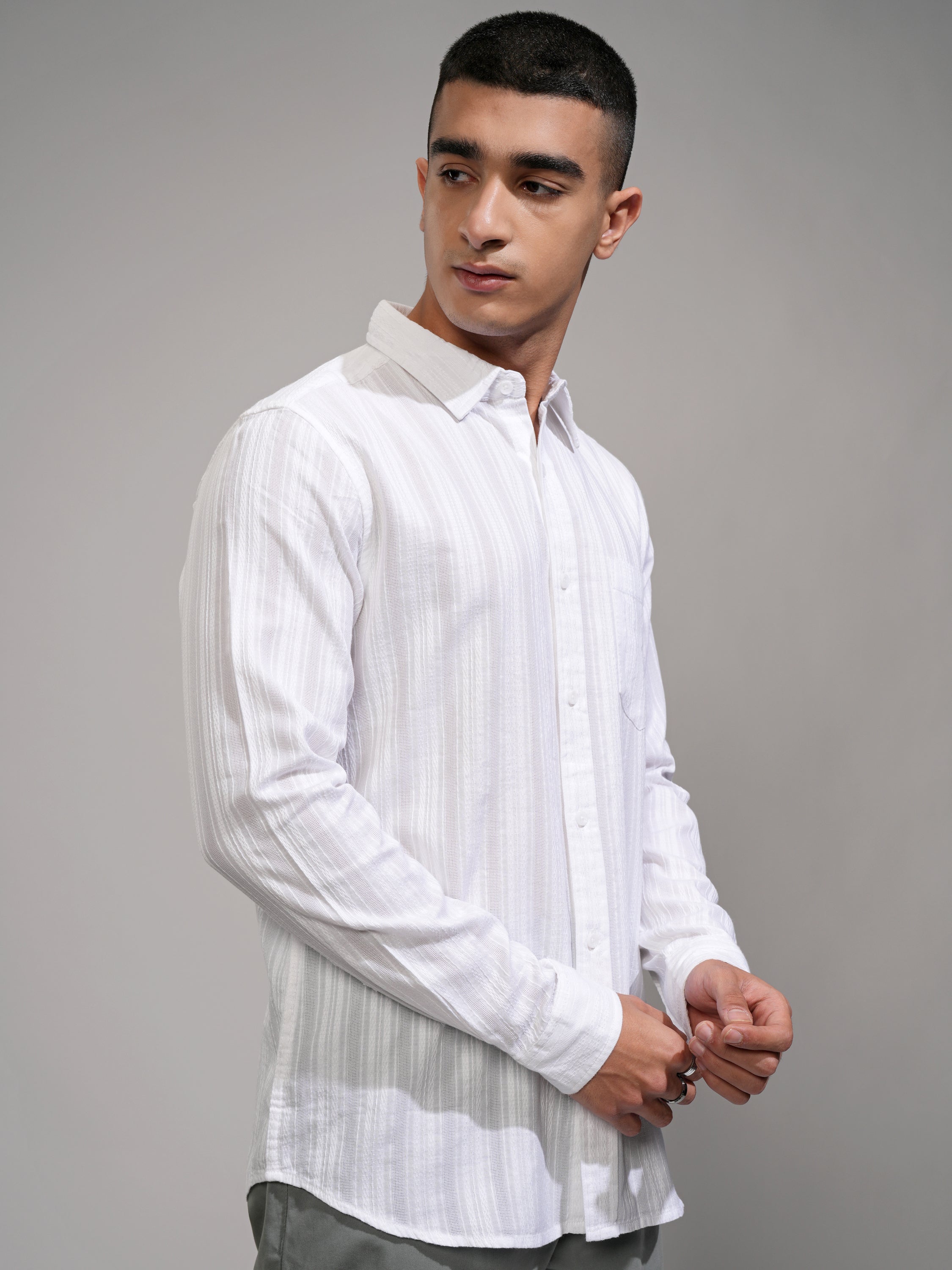 Highlander Men White Striped Slim Fit Casual Shirt - White - Image 6