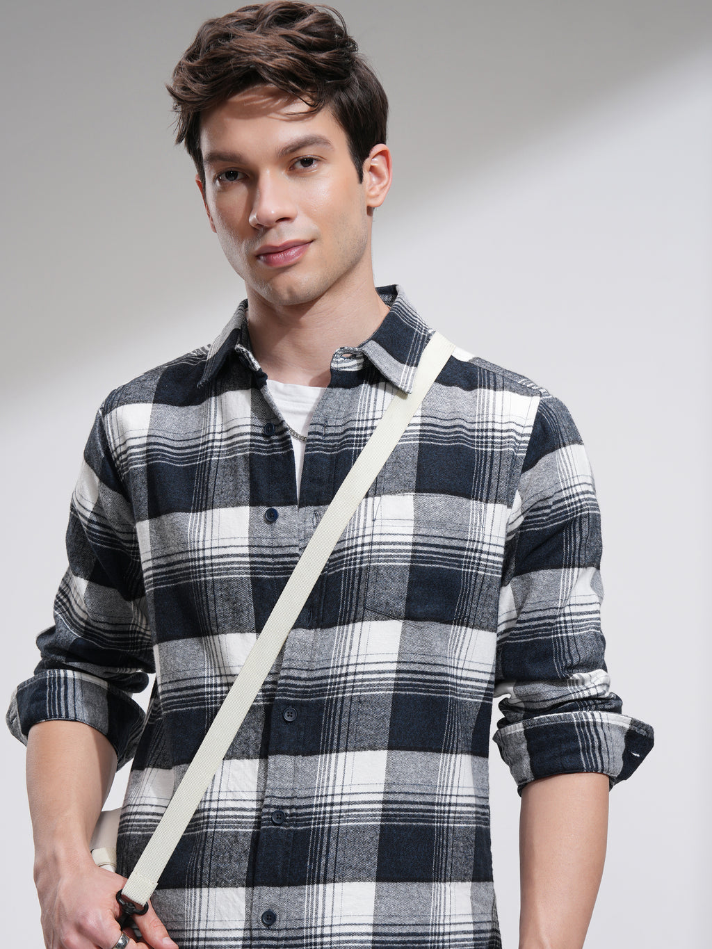 Highlander Men Off White Checked Slim Fit Casual Shirt - Off White - Image 1