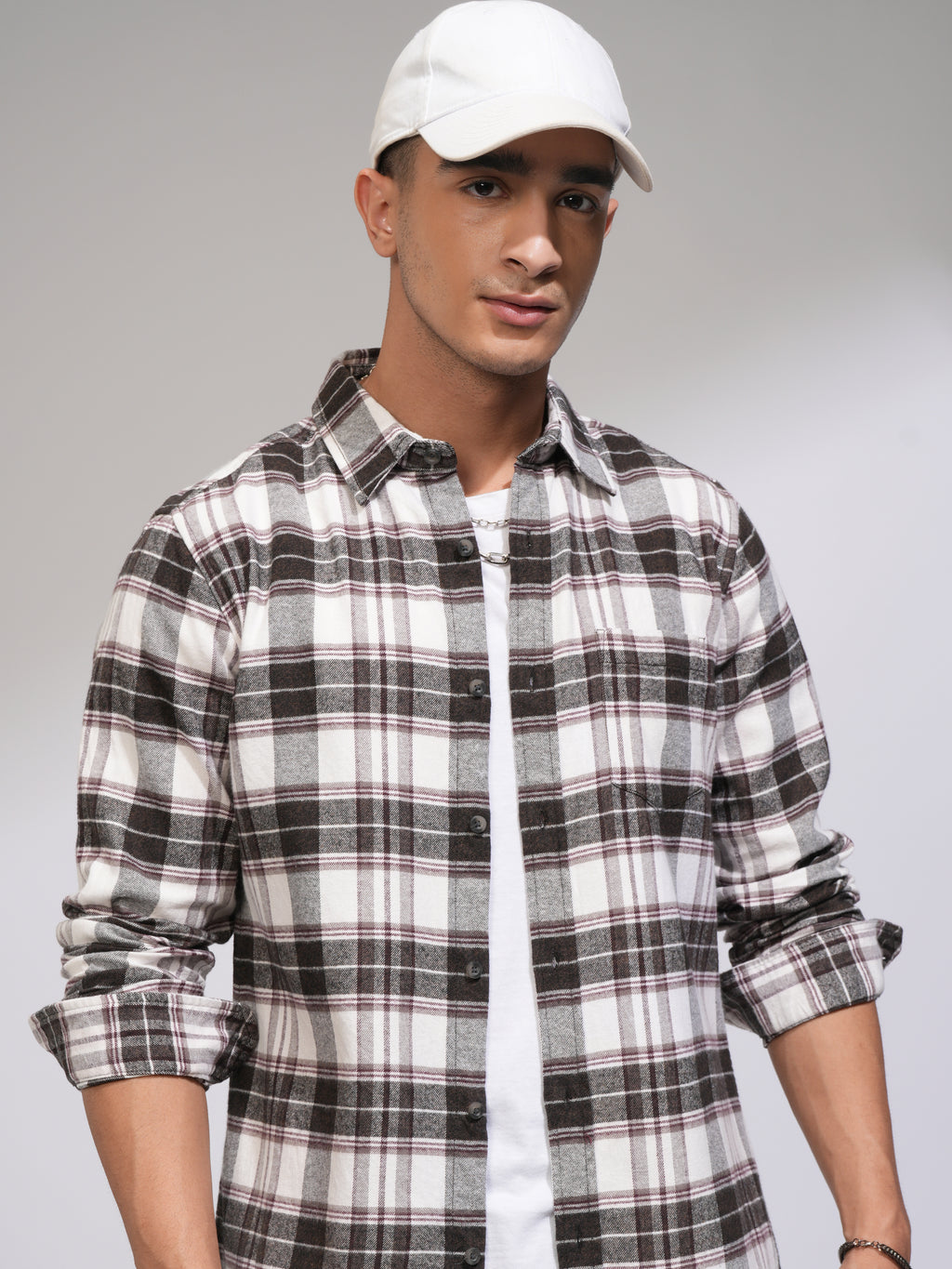 Highlander Men Off White Checked Slim Fit Casual Shirt - Off White - Image 1