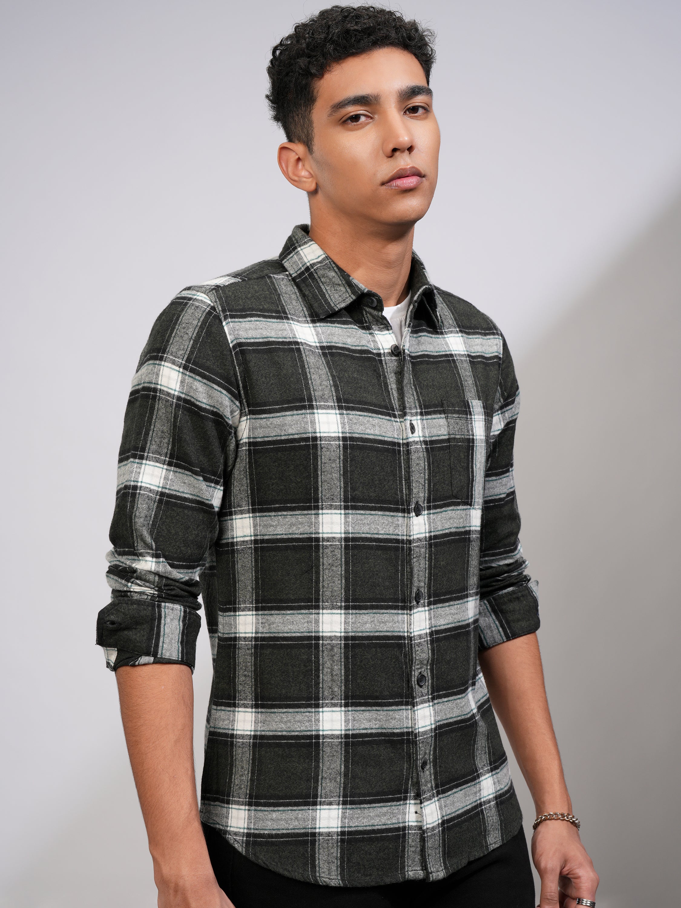 Highlander Men Olive Checked Slim Fit Casual Shirt - Olive - Image 6