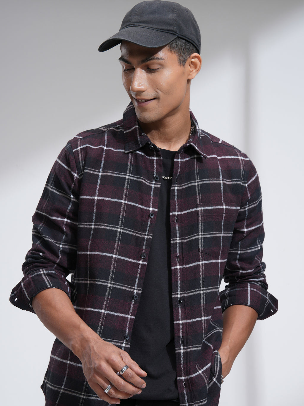 Highlander Men Burgundy Checked Slim Fit Casual Shirt - Burgundy - Image 1