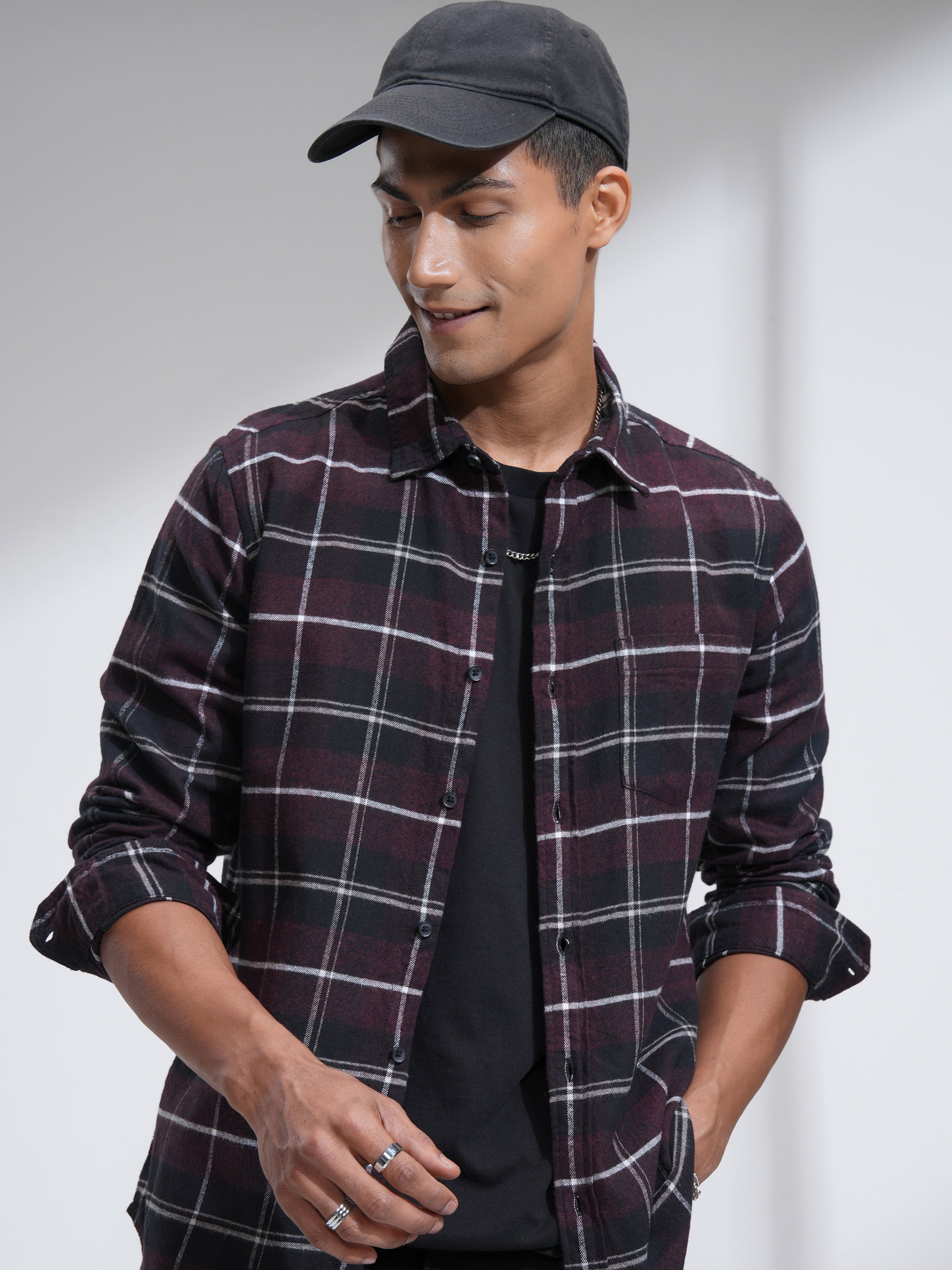 Highlander Men Burgundy Checked Slim Fit Casual Shirt - Burgundy - Image 1
