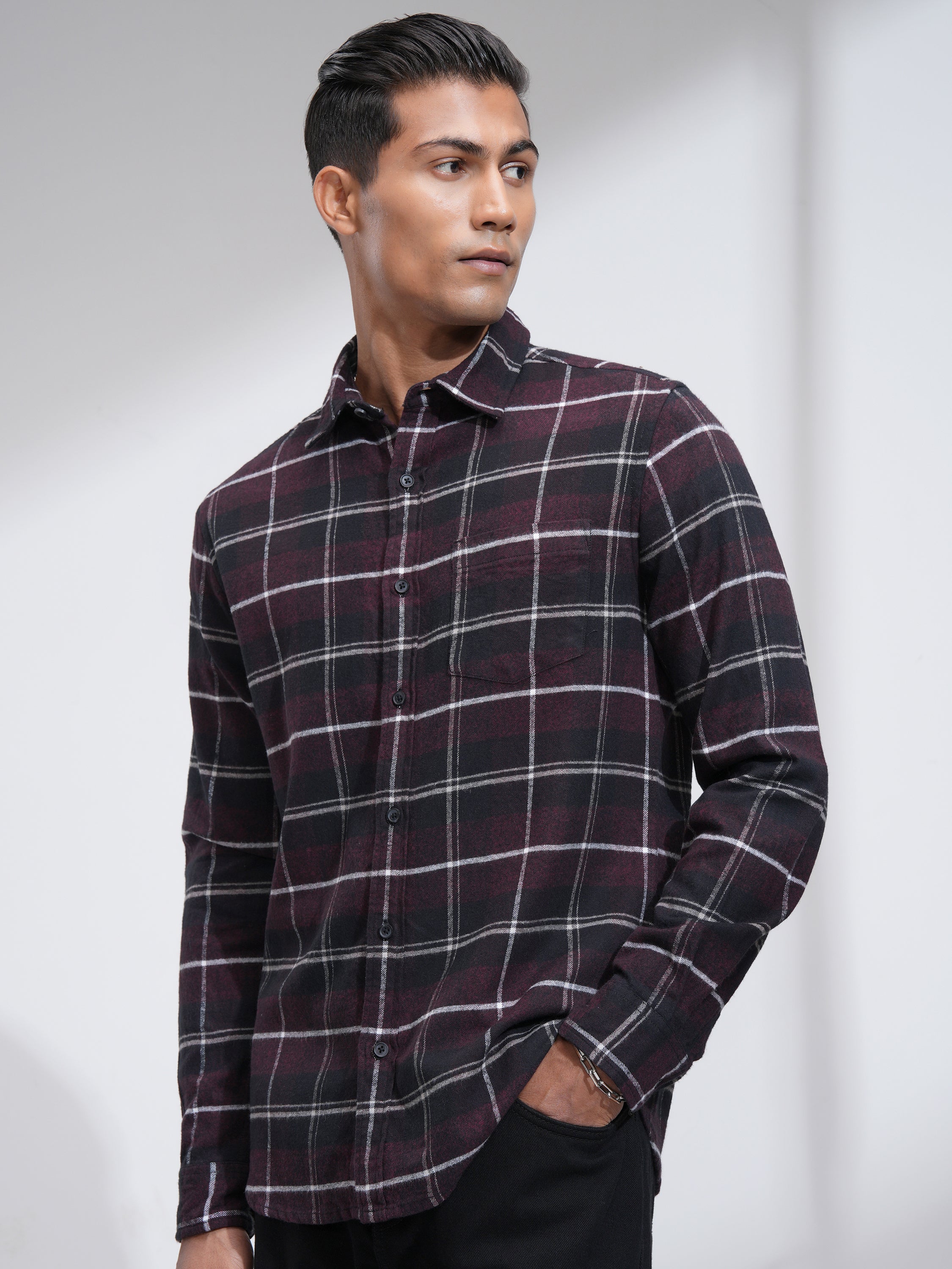 Highlander Men Burgundy Checked Slim Fit Casual Shirt - Burgundy - Image 4