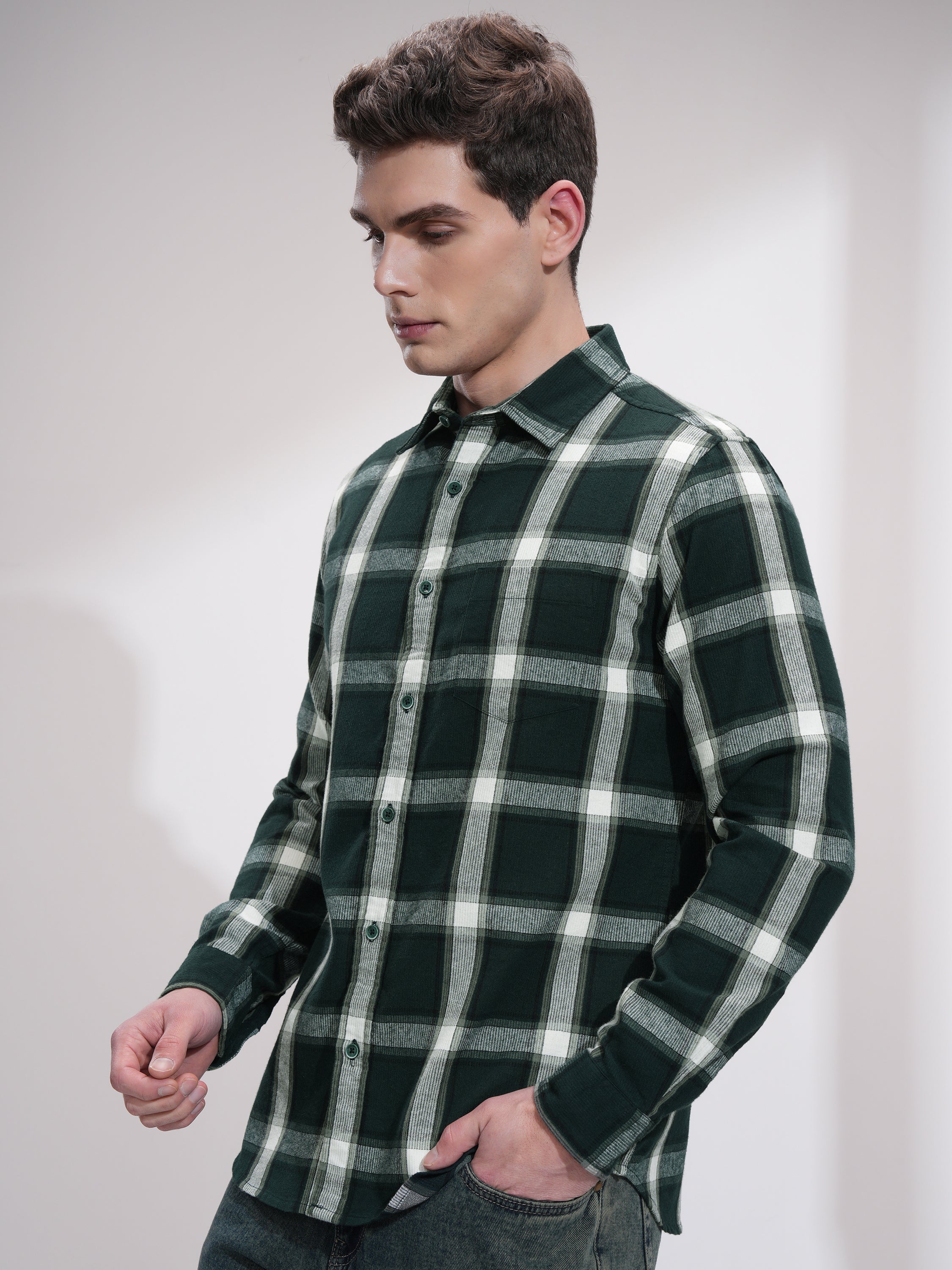 Highlander Men Green Checked Slim Fit Casual Shirt - Green - Image 4