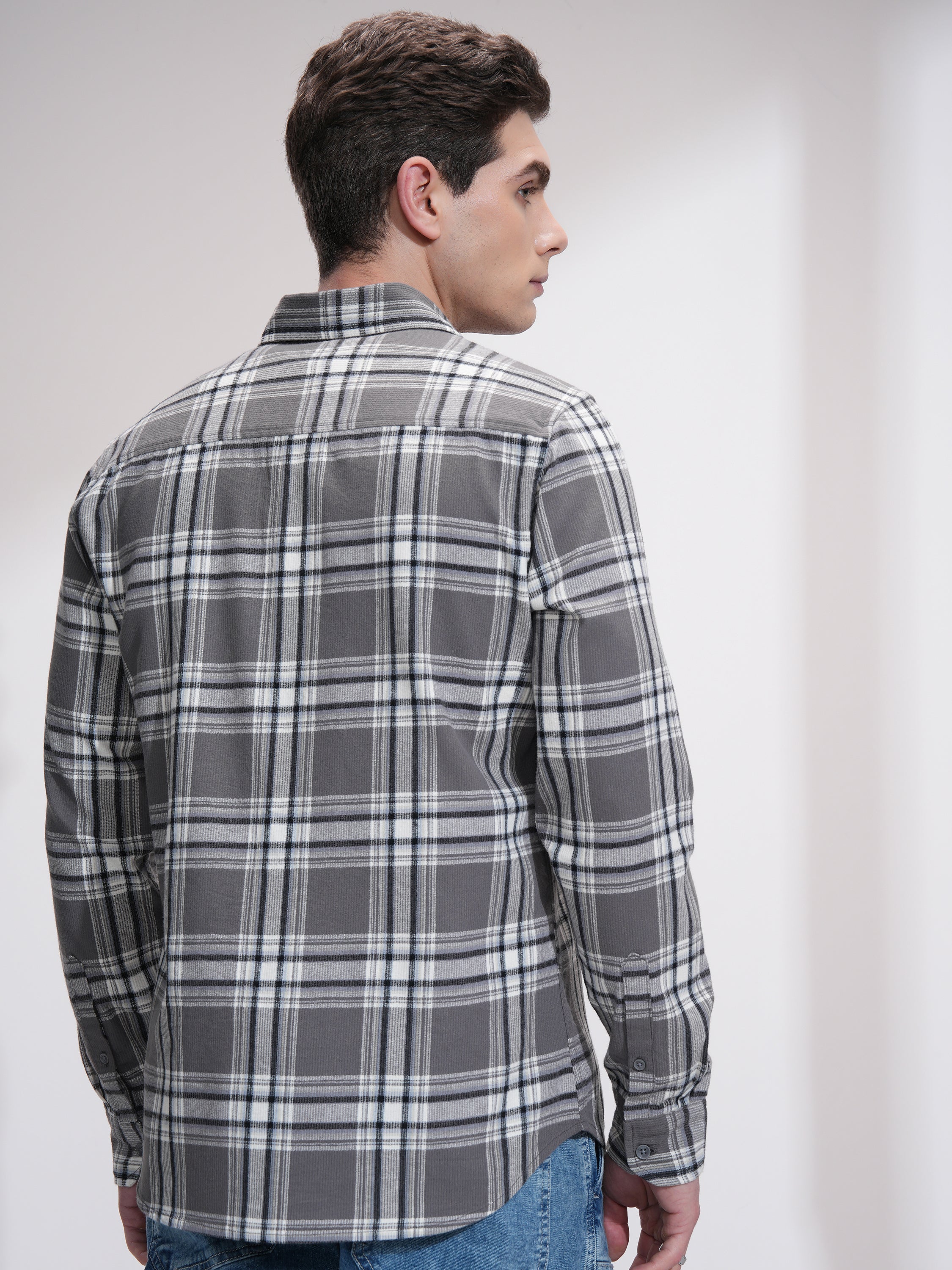 Highlander Men Grey Checked Slim Fit Casual Shirt - Grey - Image 3