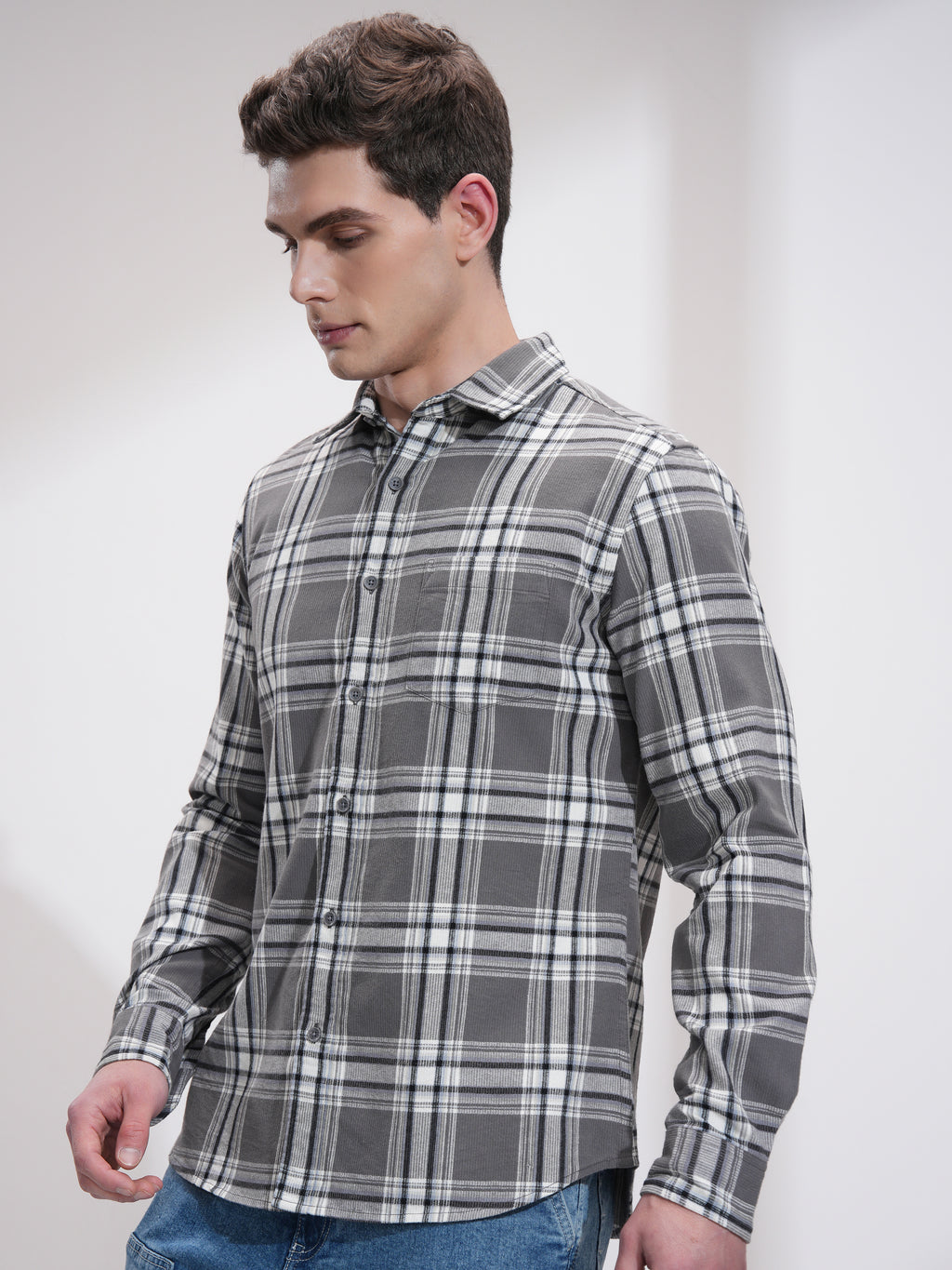 Highlander Men Grey Checked Slim Fit Casual Shirt - Grey - Image 4