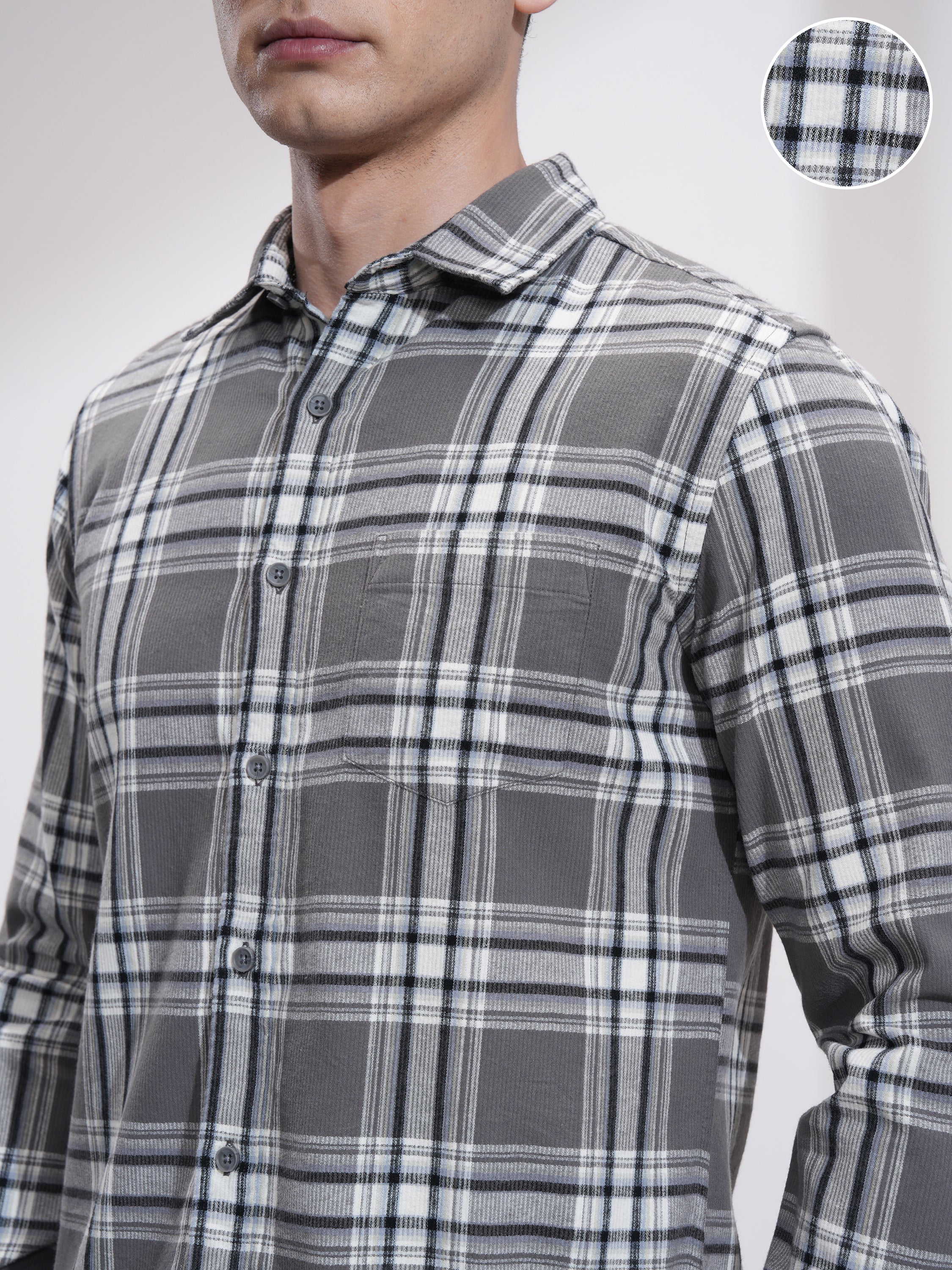 Highlander Men Grey Checked Slim Fit Casual Shirt - Grey - Image 5