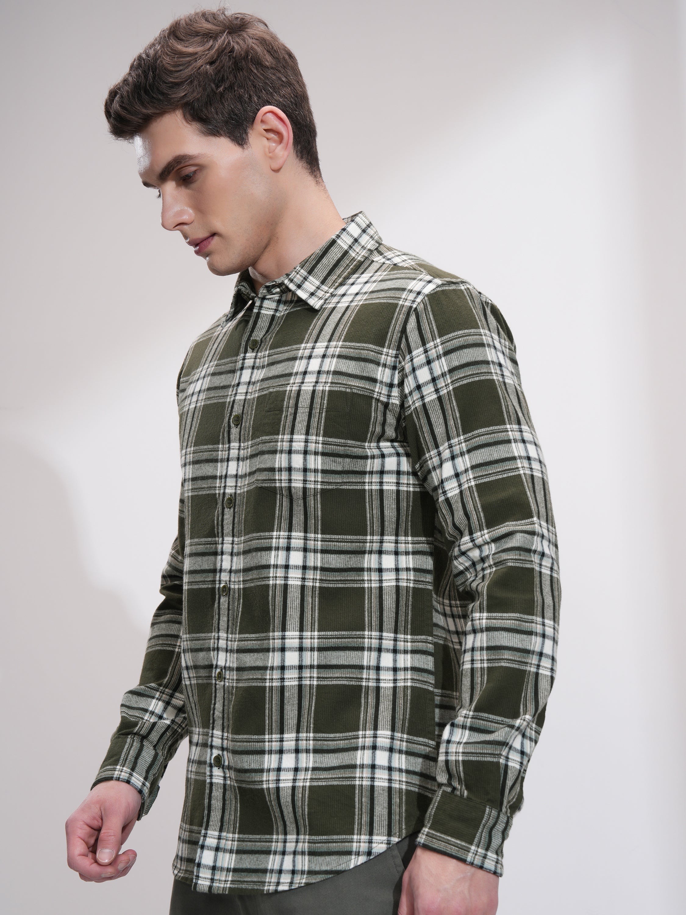 Highlander Men Olive Checked Slim Fit Casual Shirt - Olive - Image 4