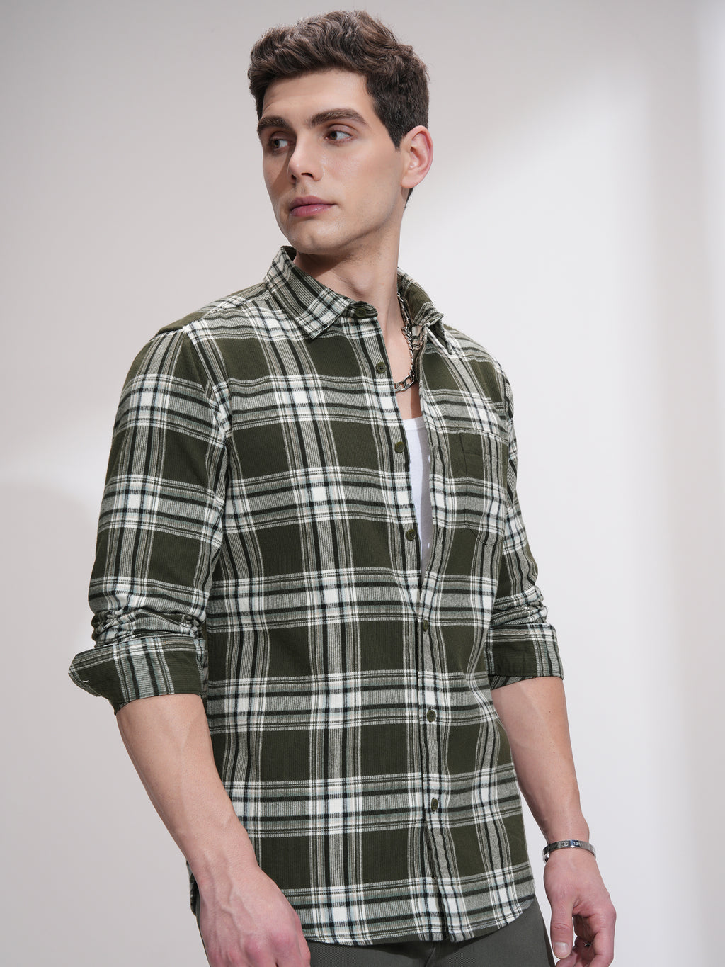Highlander Men Olive Checked Slim Fit Casual Shirt - Olive - Image 6