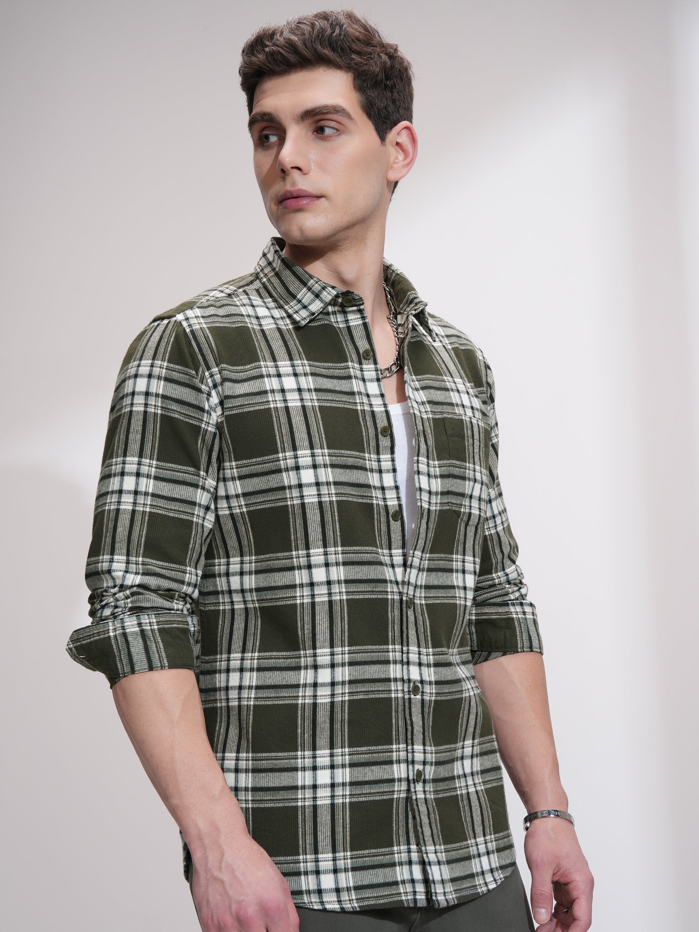 Highlander Men Olive Checked Slim Fit Casual Shirt - Olive - Image 6