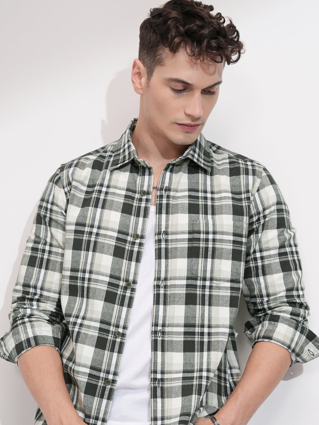 Highlander Men Off White Checked Relaxed Fit Casual Shirt - Off White - Image 1