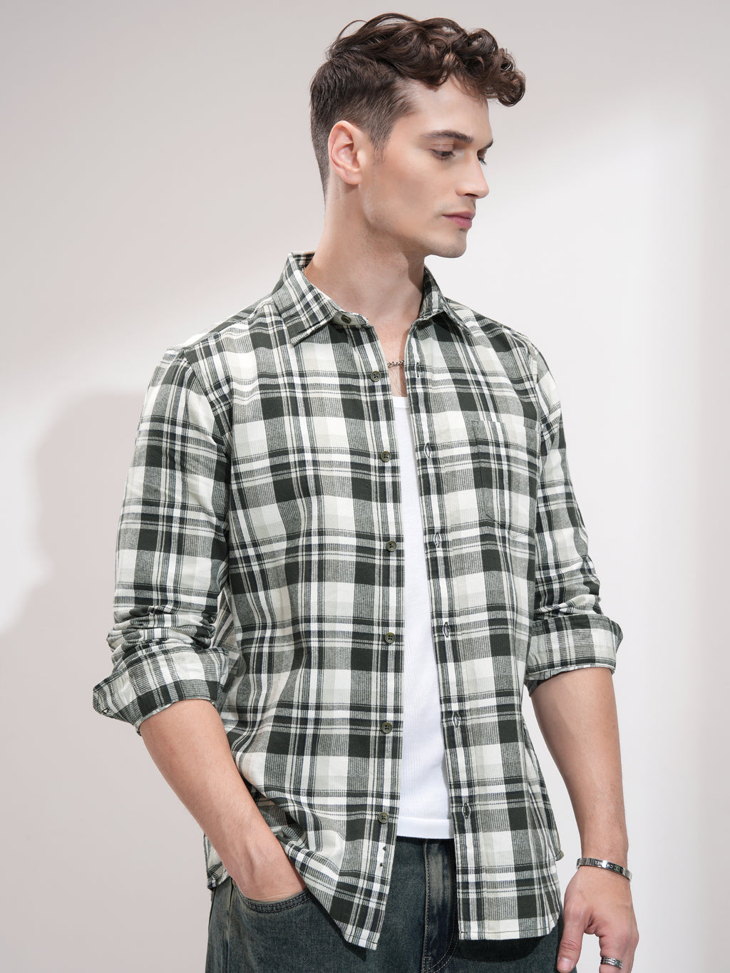 Highlander Men Off White Checked Relaxed Fit Casual Shirt - Off White - Image 6