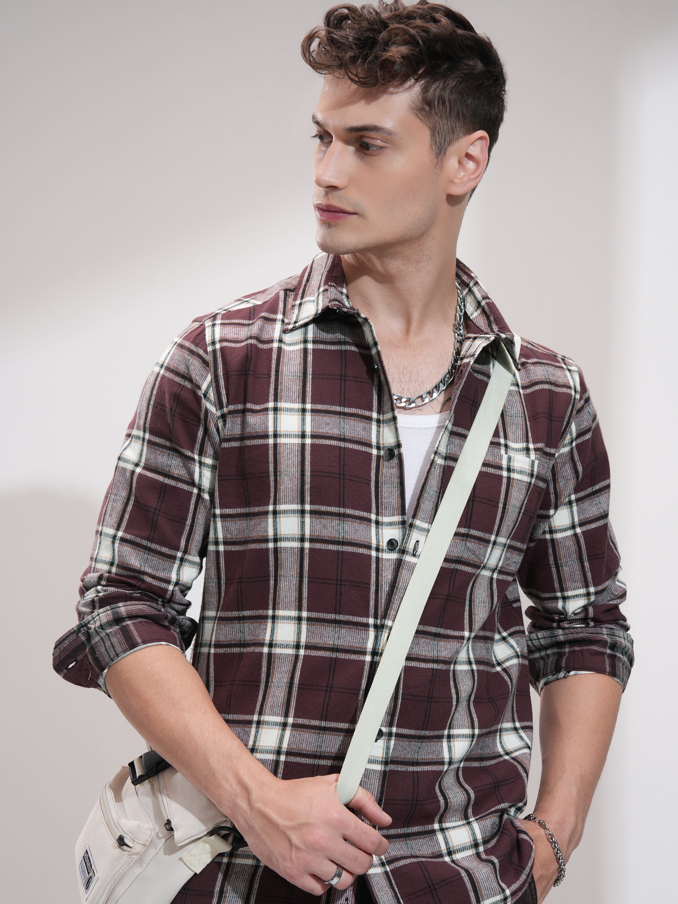 Highlander Men Burgundy Checked Relaxed Fit Casual Shirt - Burgundy - Image 1