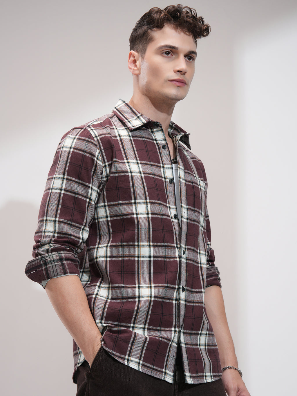 Highlander Men Burgundy Checked Relaxed Fit Casual Shirt - Burgundy - Image 6