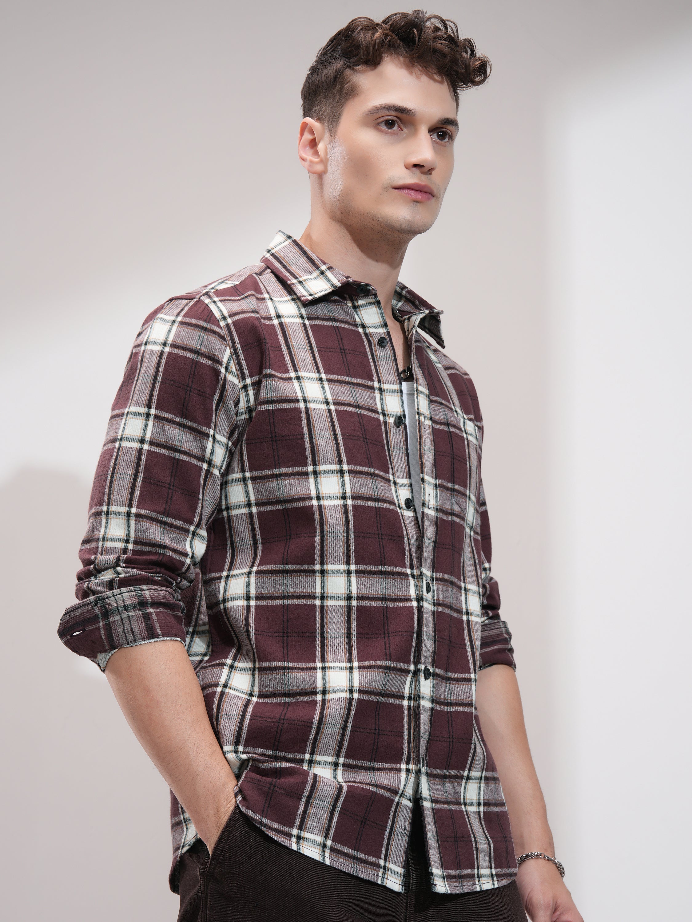 Highlander Men Burgundy Checked Relaxed Fit Casual Shirt - Burgundy - Image 6