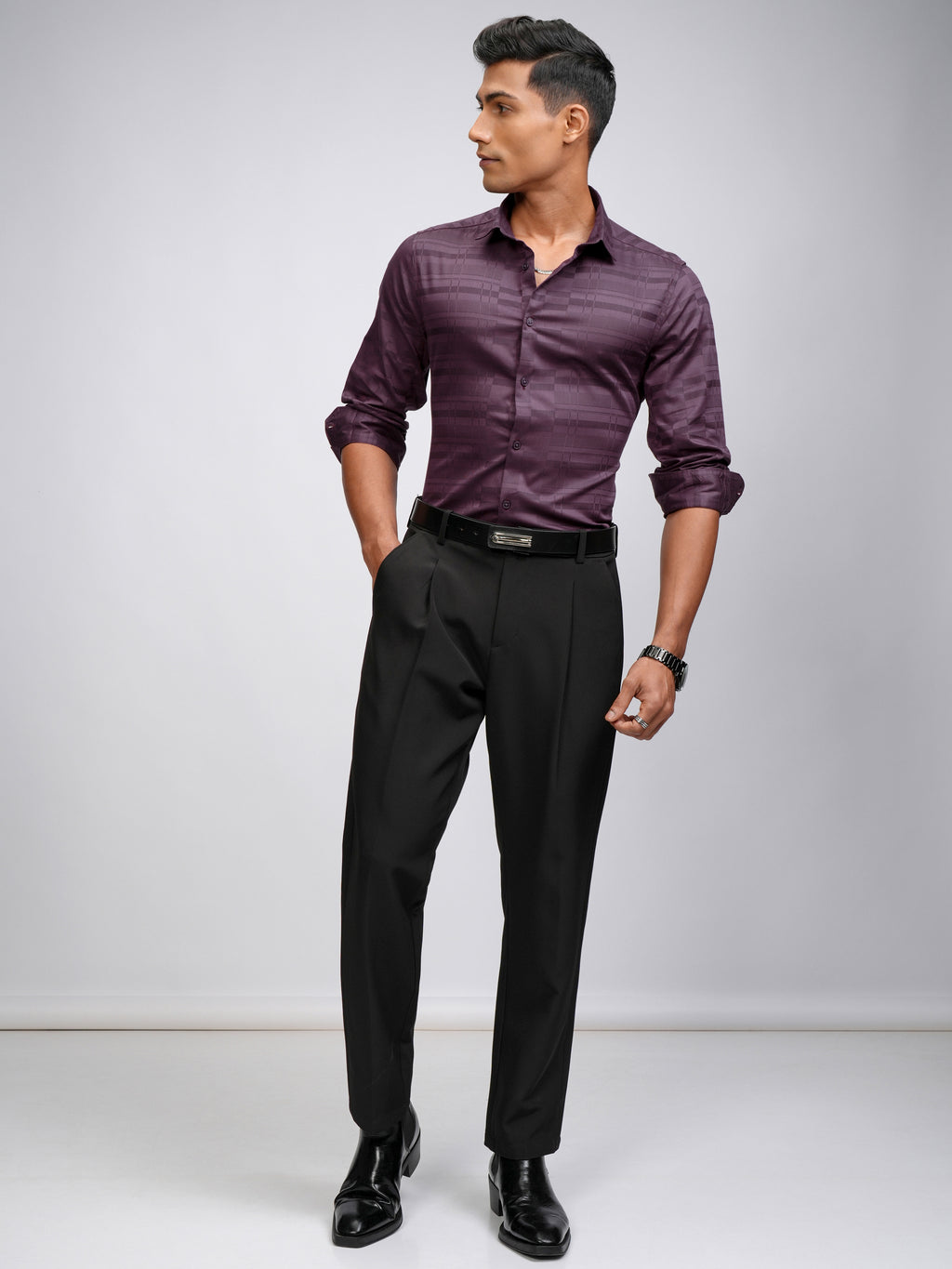 Highlander Men Purple Self Design Slim Fit Casual Shirt - Purple - Image 2