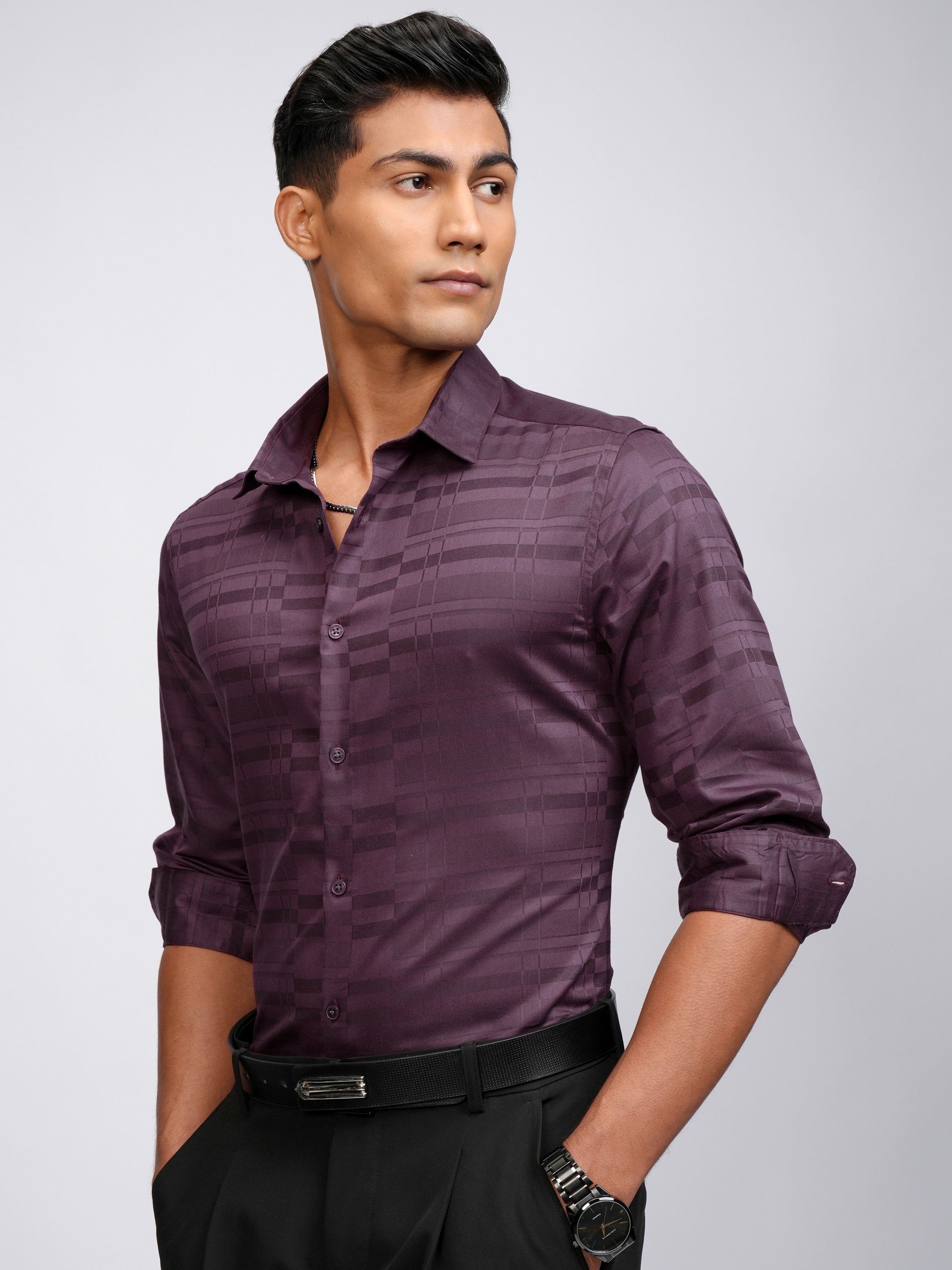 Highlander Men Purple Self Design Slim Fit Casual Shirt - Purple - Image 4