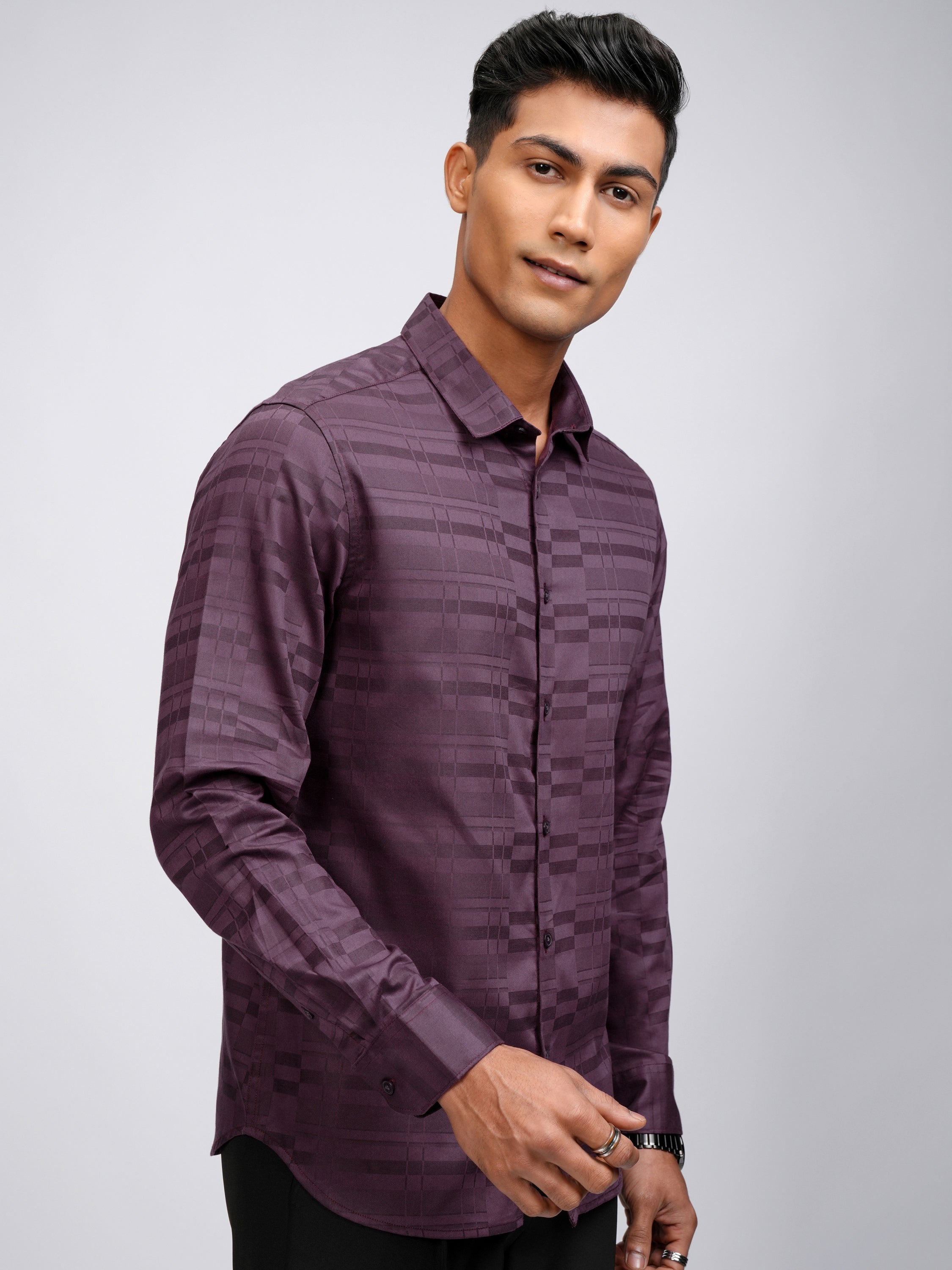 Highlander Men Purple Self Design Slim Fit Casual Shirt - Purple - Image 6