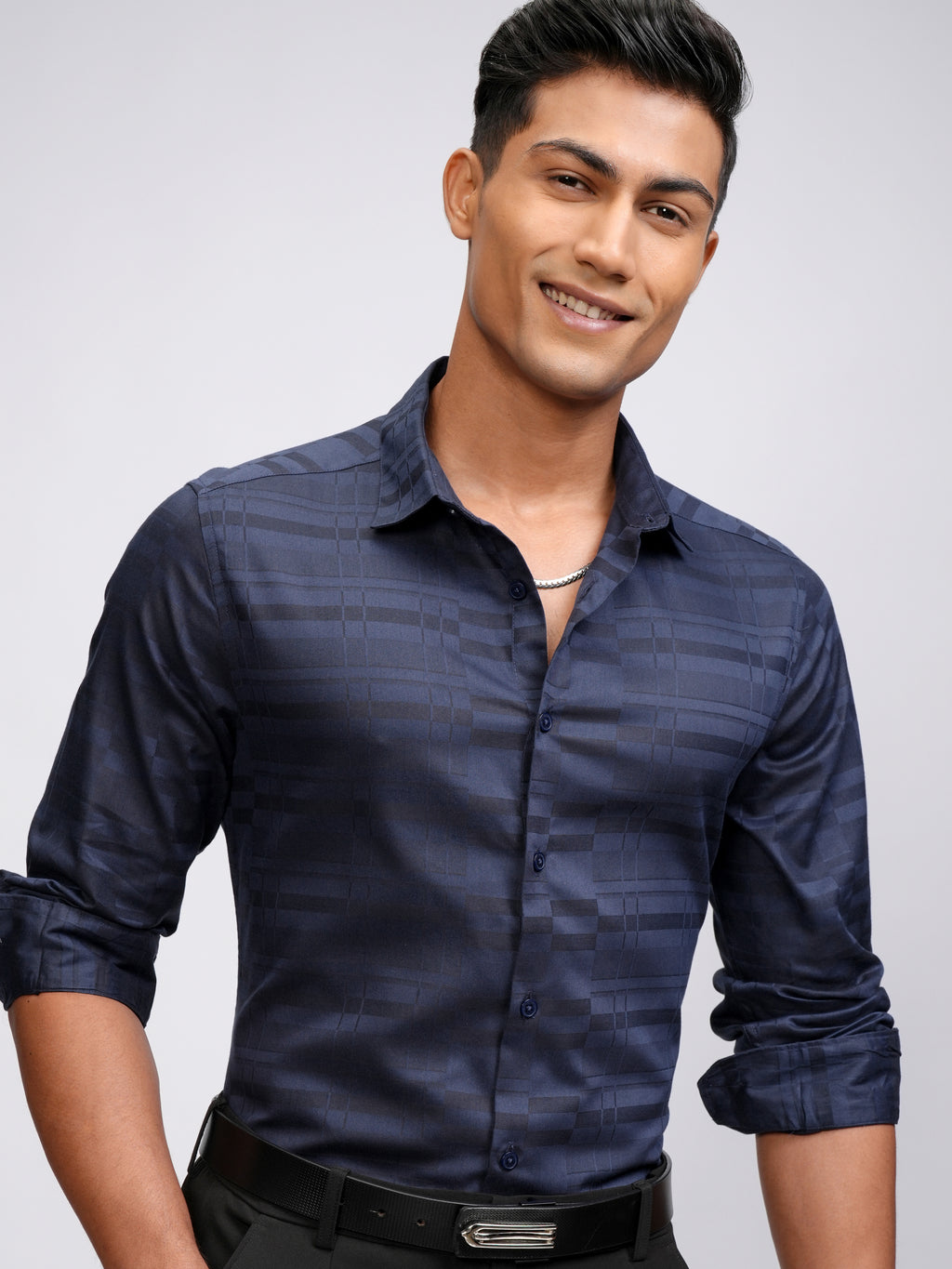 Highlander Men Blue Self Design Slim Fit Casual Shirt - Blue - Image 1