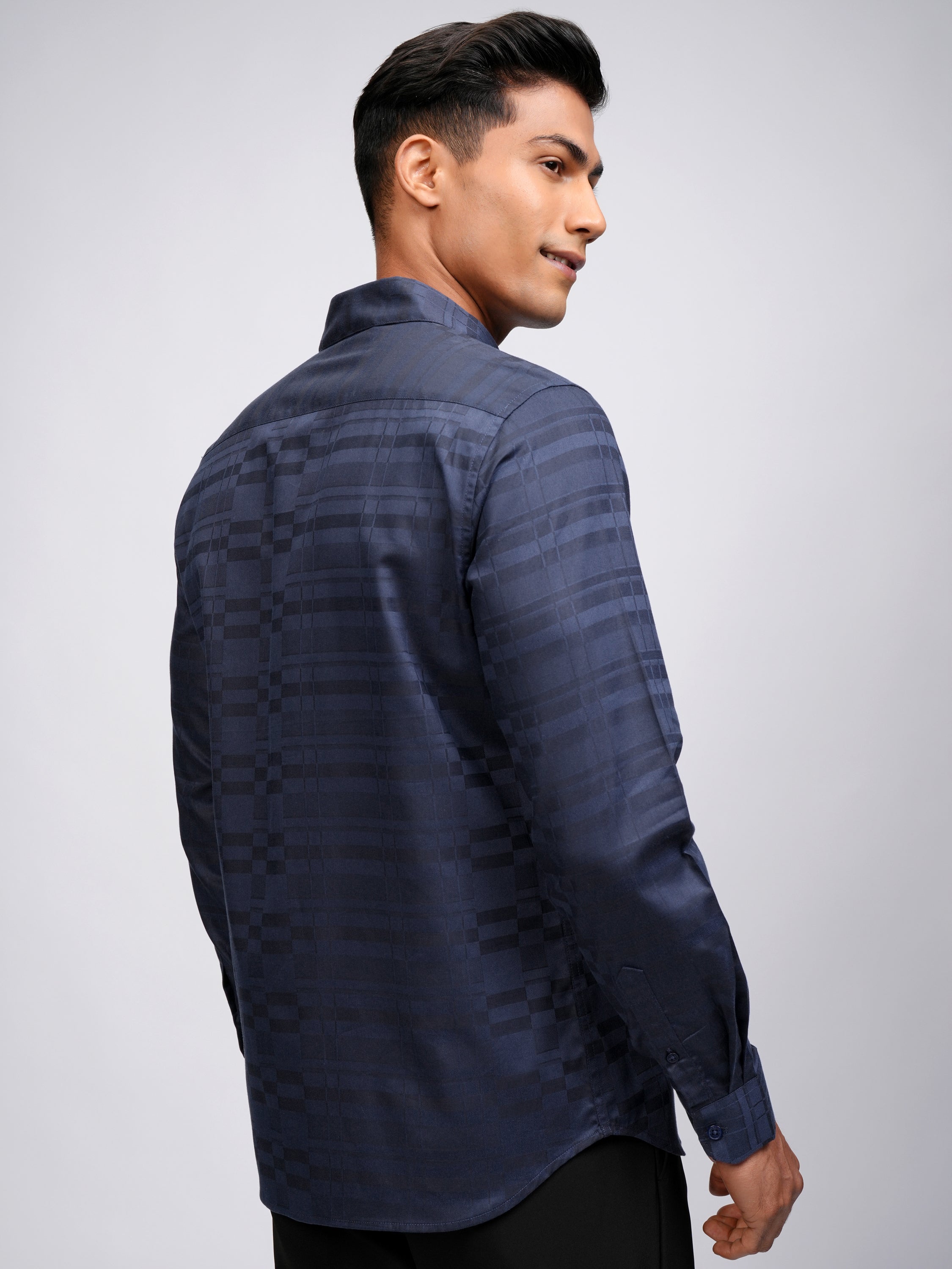 Highlander Men Blue Self Design Slim Fit Casual Shirt - Blue - Image 3