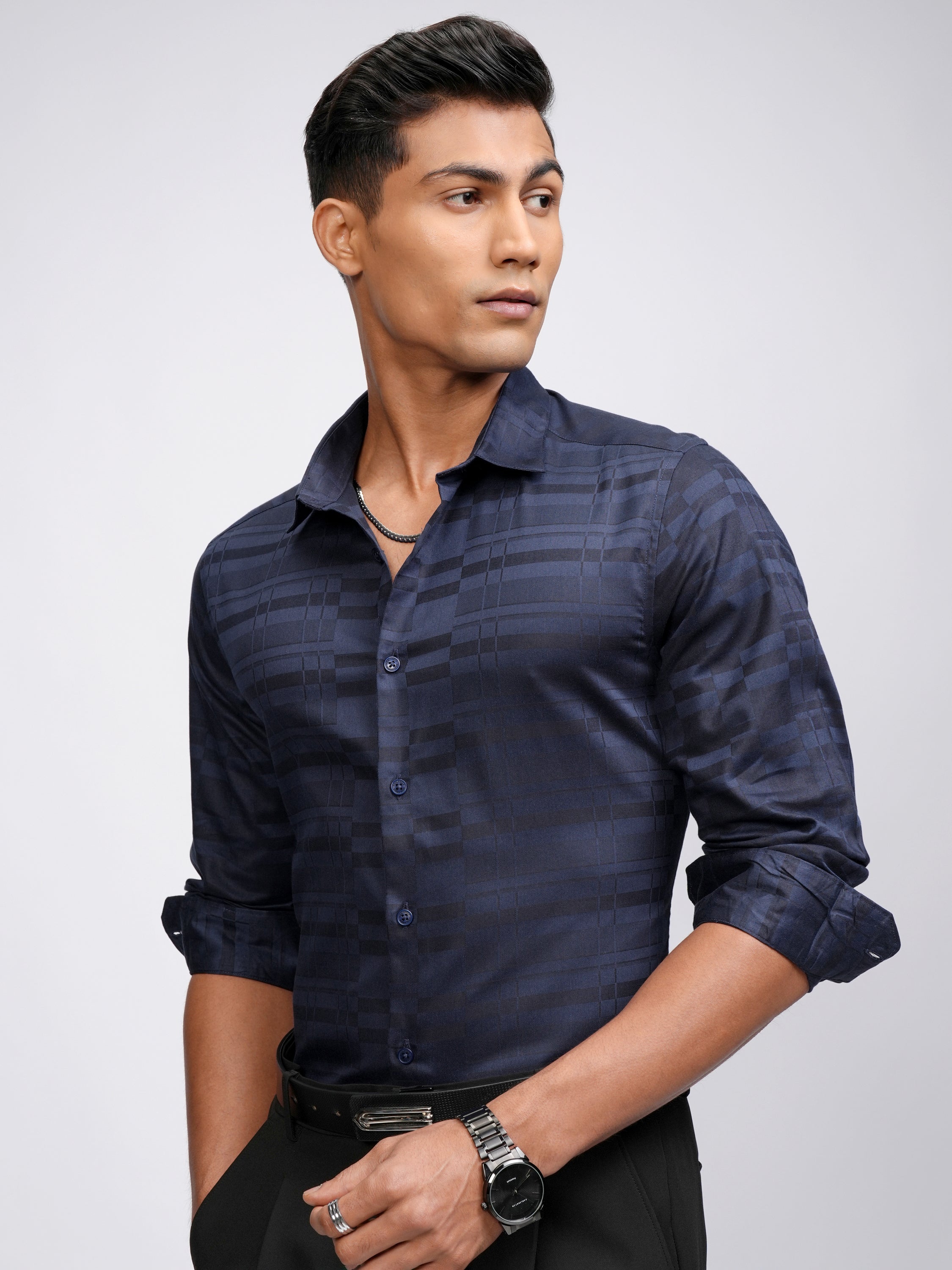 Highlander Men Blue Self Design Slim Fit Casual Shirt - Blue - Image 4