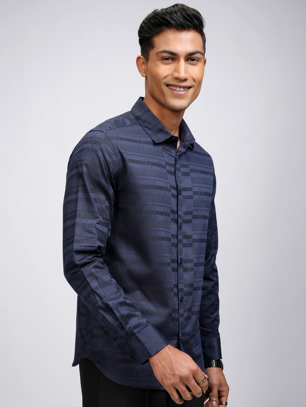 Highlander Men Blue Self Design Slim Fit Casual Shirt - Blue - Image 6