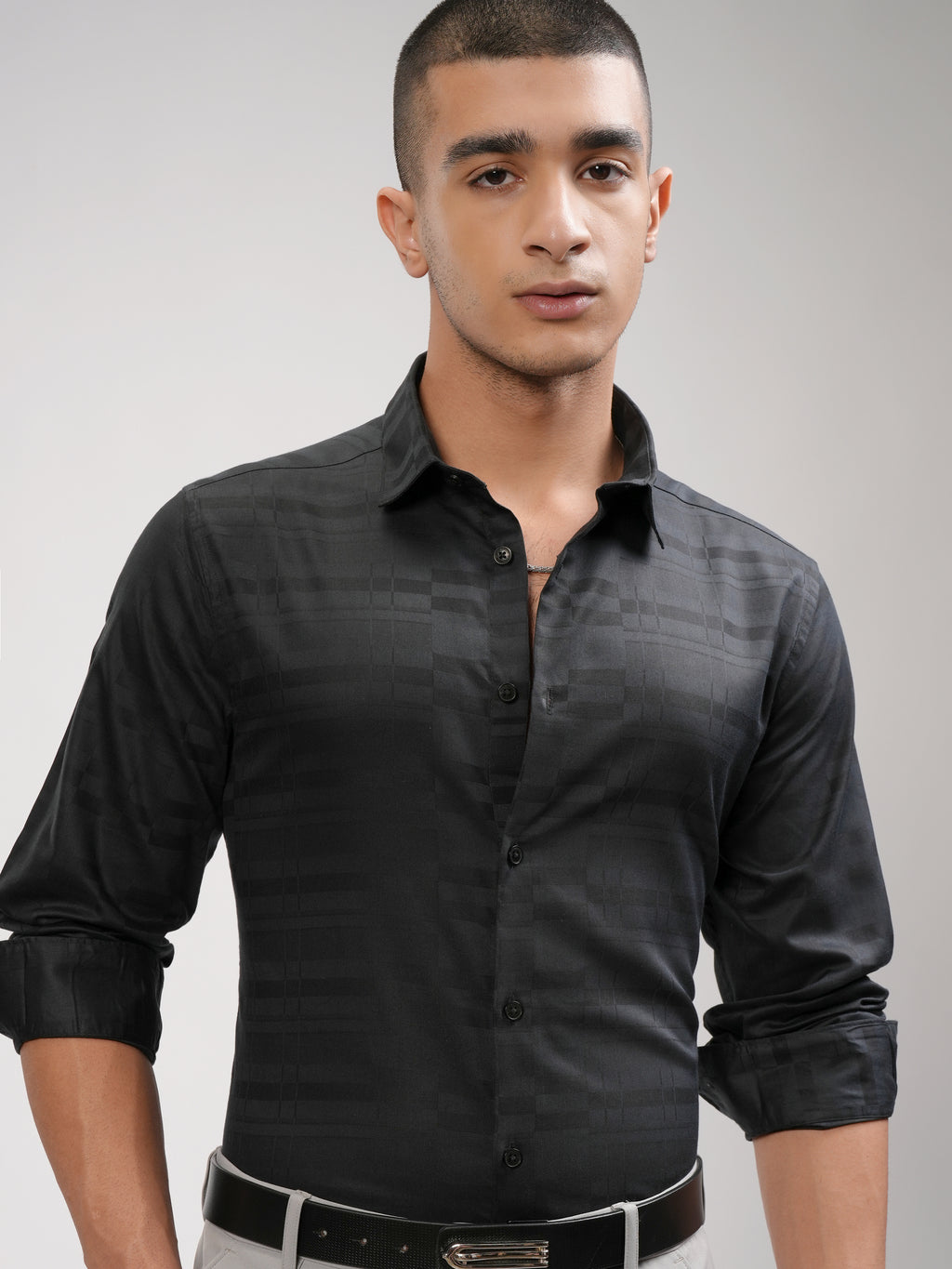 Highlander Men Black Self Design Slim Fit Casual Shirt - Black - Image 1