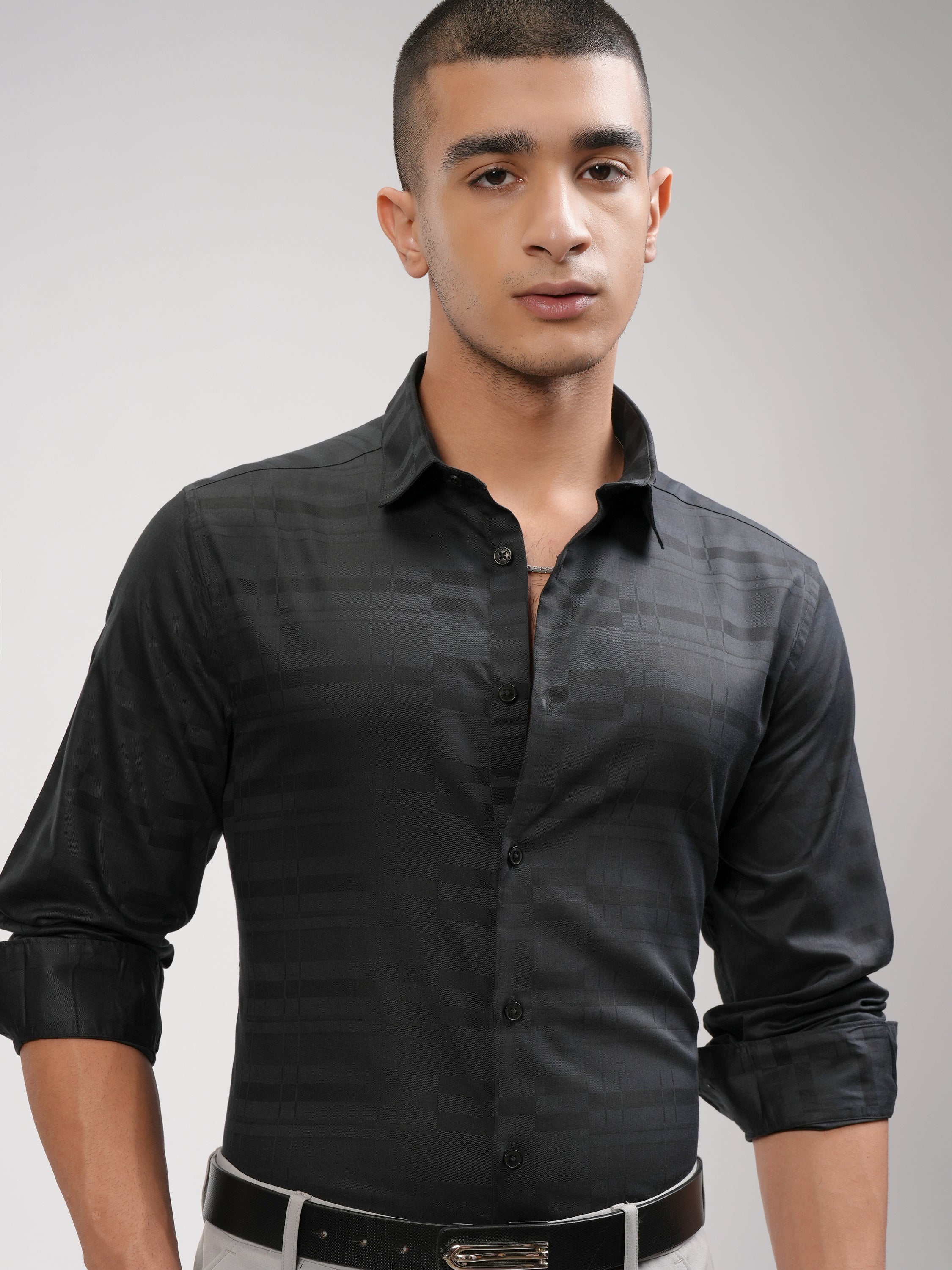 Highlander Men Black Self Design Slim Fit Casual Shirt - Black - Image 1