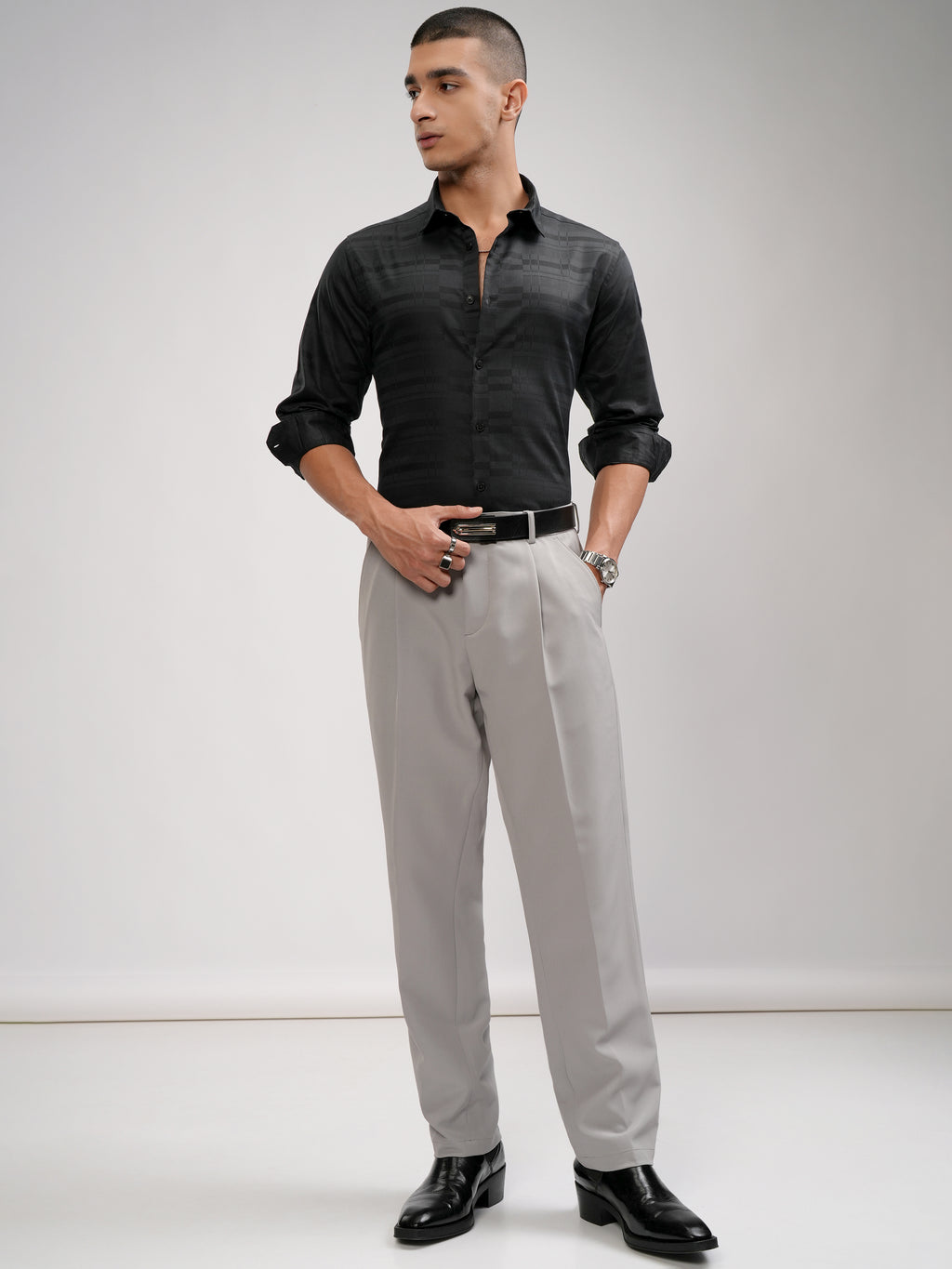 Highlander Men Black Self Design Slim Fit Casual Shirt - Black - Image 2